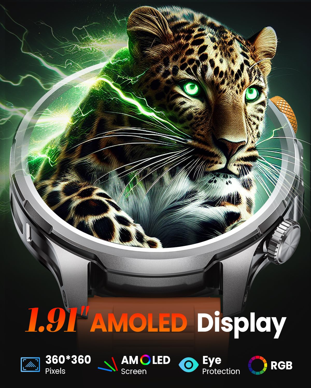 Montre Connectée Homme 1000mAh/5ATM Étanche/LED Lampe, 1.91" AMOLED Militaire Smartwatch Homme avec Appel Bluetooth, 113 Modes Sportifs, 24H Sommeil/Fréquence Cardiaque/Podomètre Android iOS Argenté