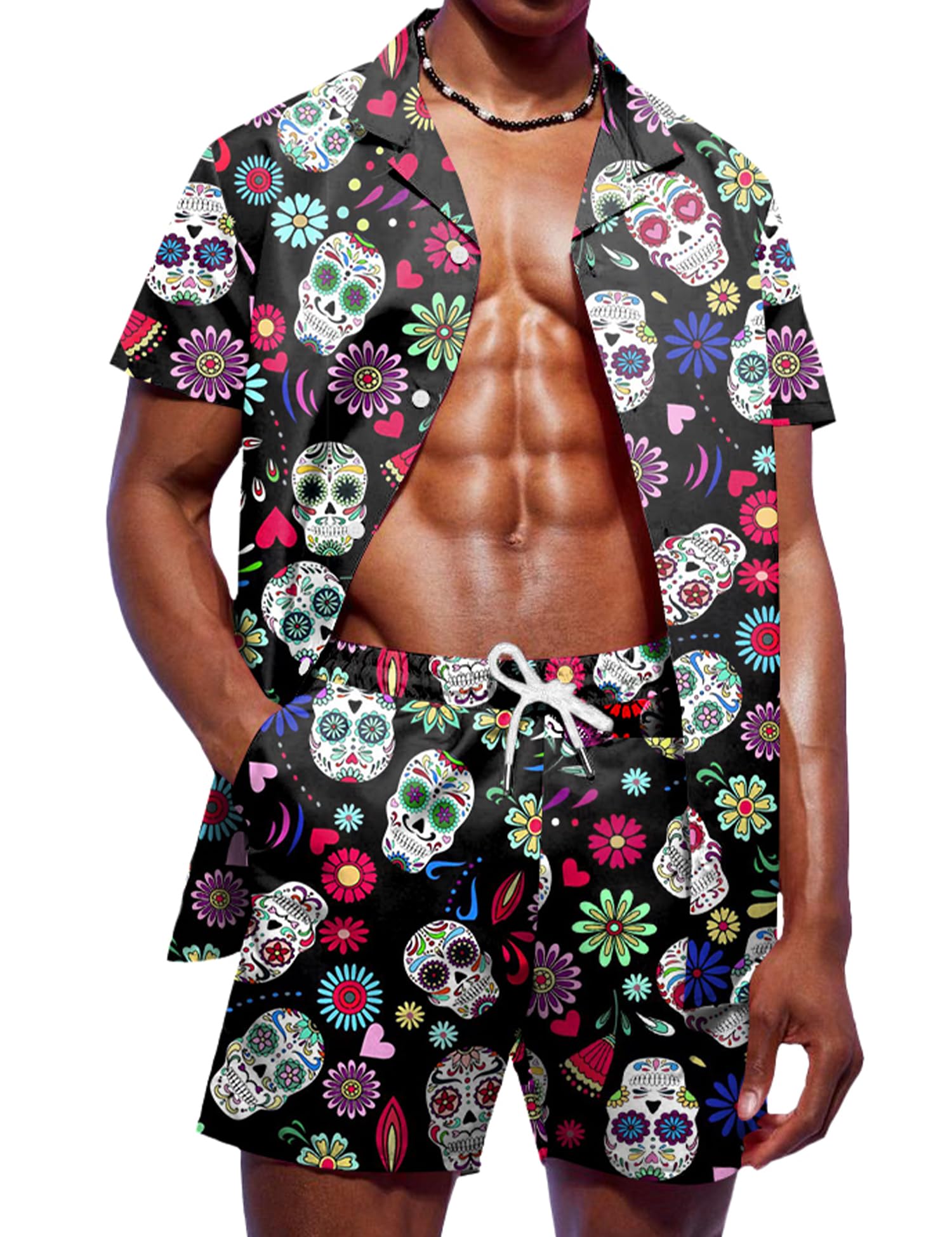 LecGee Men's Rave Outfits Hawaiian Shirts and Shorts Sets 2 Pieces Retro 80s 90s Outfit