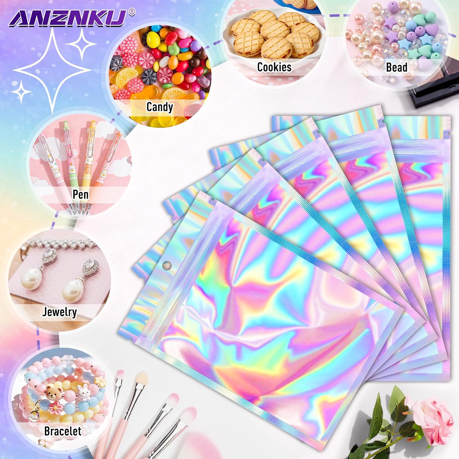 ANZNKU Holographic Bags 5x7 Mylar Bags Resealable 50PCS Smell Proof Packaging Bag Pouch for Goodie Snack Candy Jewelry Party Favor Small Business Bead Storage, Small Plastic Gift Baggies for Halloween