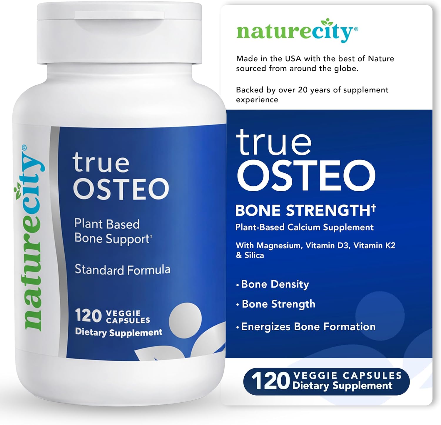 NatureCity True-Osteo Plant-Based Supplement for Bone Strength | AlgaeCal Calcium & Magnesium, Plant-Based Vitamin D3, Vitamin K2, Silicon| Gentle on Stomach (120 Veggie Capsules)