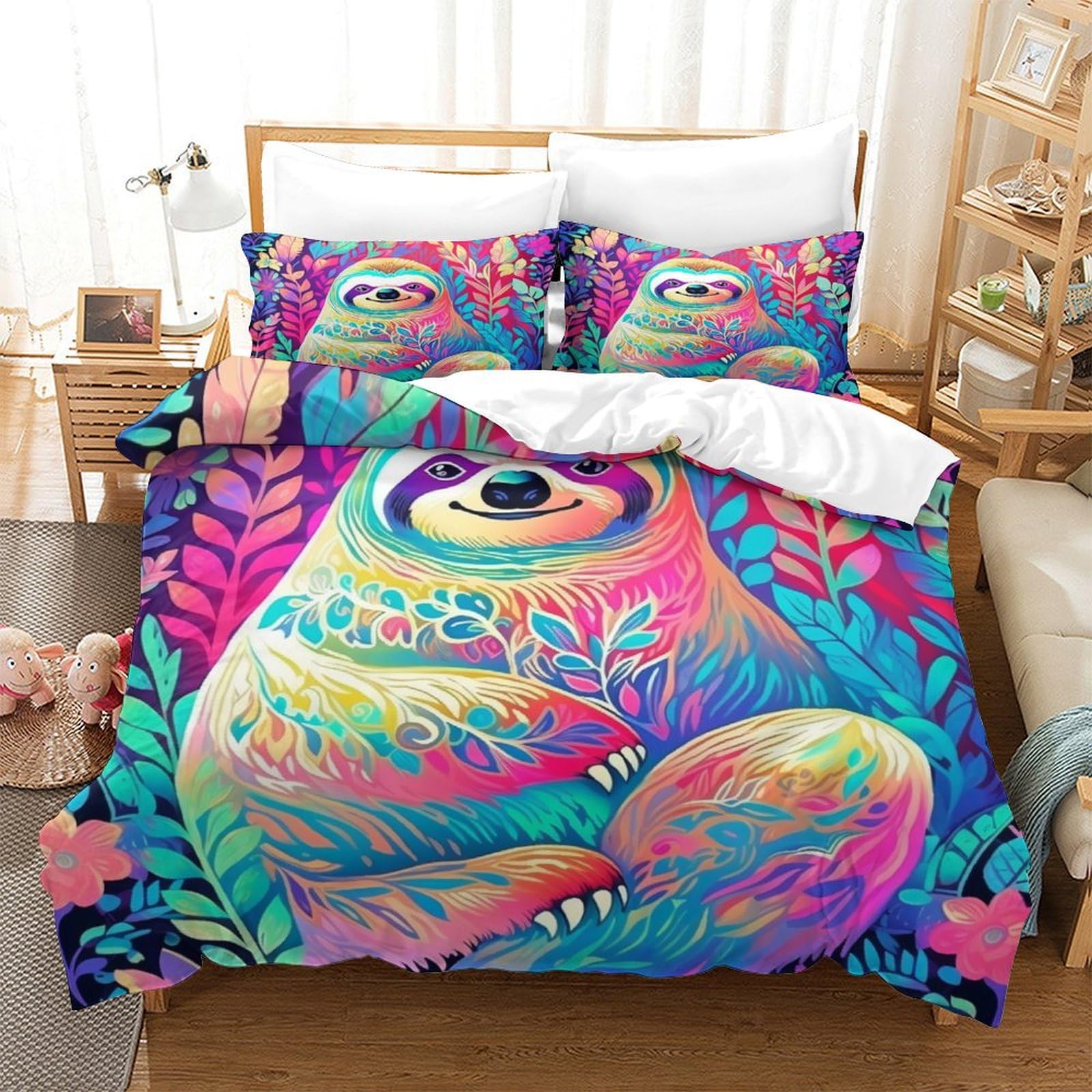 P1S9U7W5Y Vibrant Cosy 3D Printed Sloth Duvet Cover Set 3pcs Microfiber Jungle Bedding Set King
