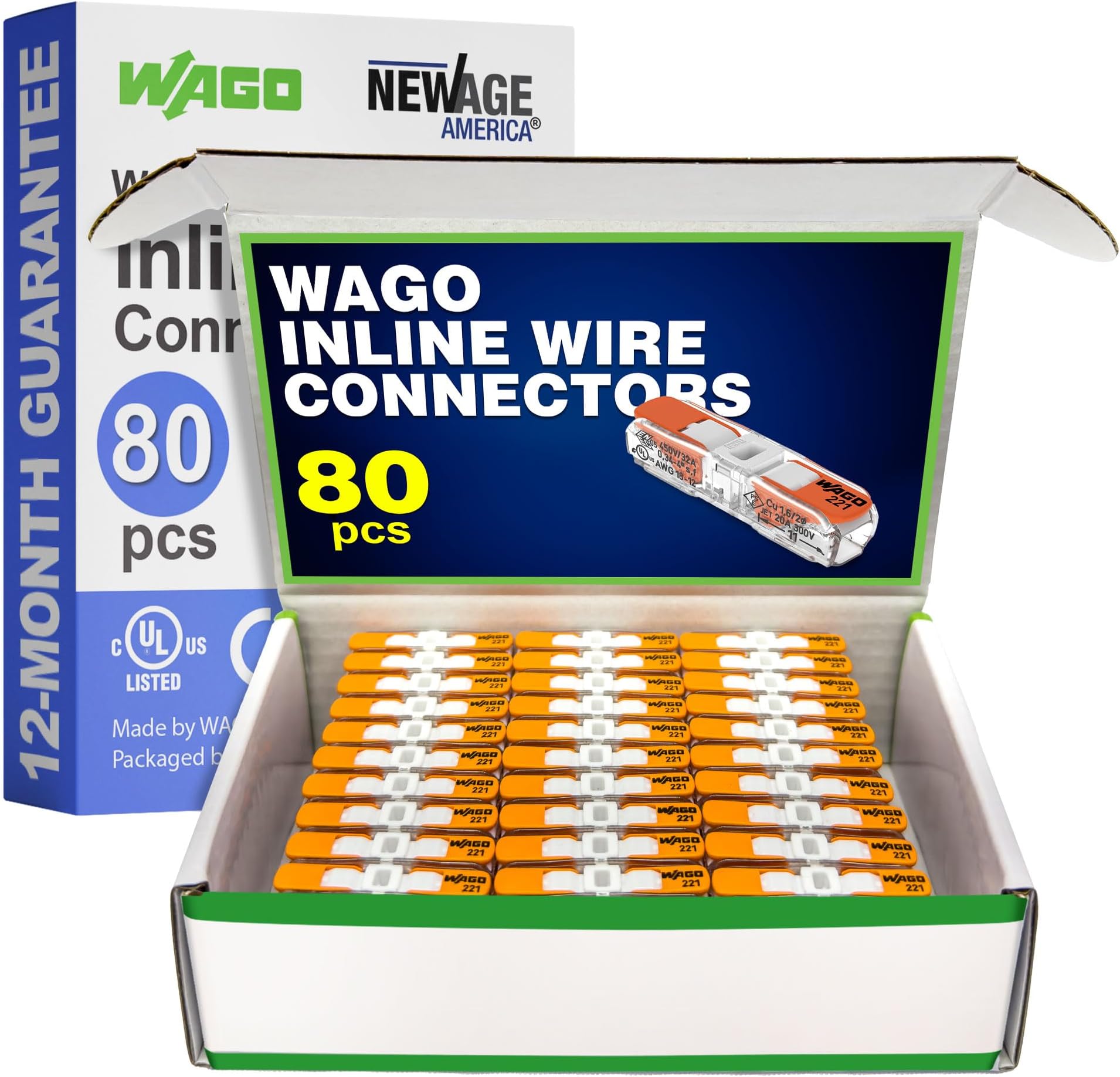WAGO 221-2401 80pc Inline Compact Splicing Wire Connectors | Includes 80pc 221-2401 (2 Conductor) | WAGO Wire Connectors | 221 Straight Inline Splice | Straight Electrical Lever Nuts | (2-Port)