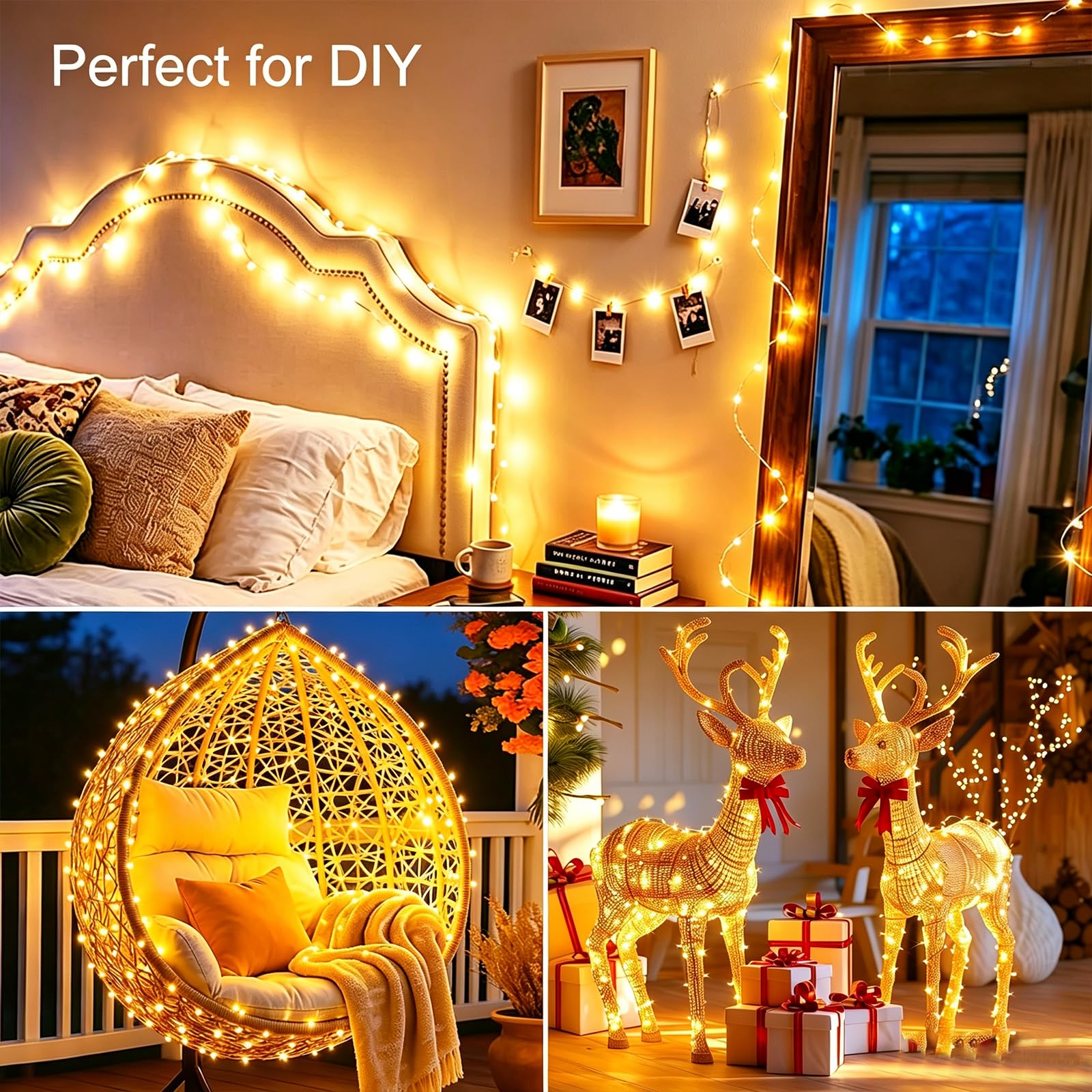 Paquete de 4 guirnaldas de luces LED de 280 pies con 800 luces LED que funcionan con pilas con control remoto y temporizador, cadena de luces de Navidad impermeables para interiores y exteriores