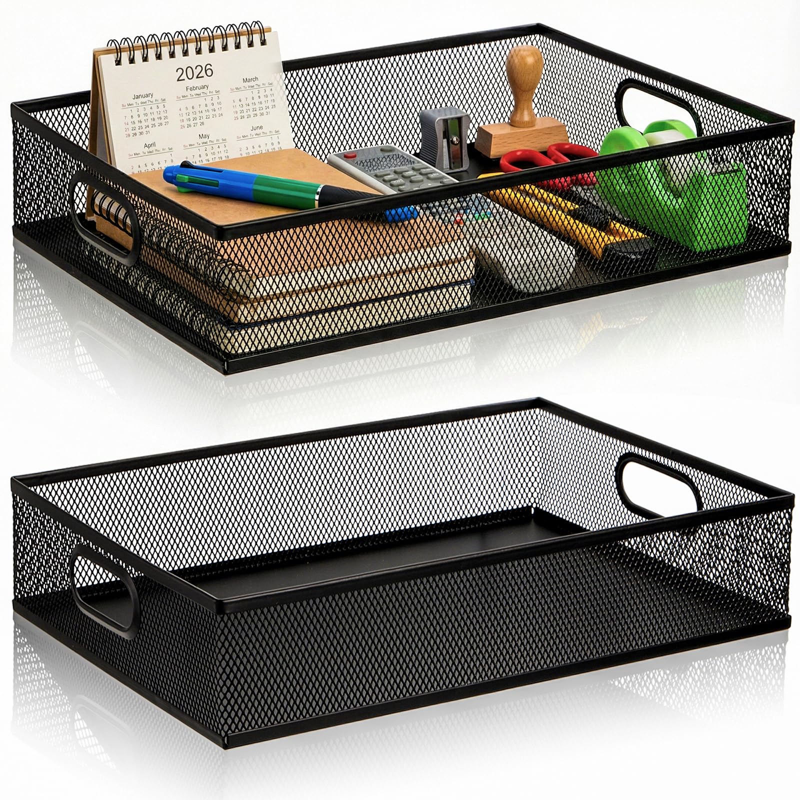 Elsjoy 2 Pack Desk Drawer Organizer Tray, Metal Mesh Desktop Storage Tray Office File Organizer with Handle, Portable Large Storage Basket for Office Supplies, Craft, Magazine, Paper
