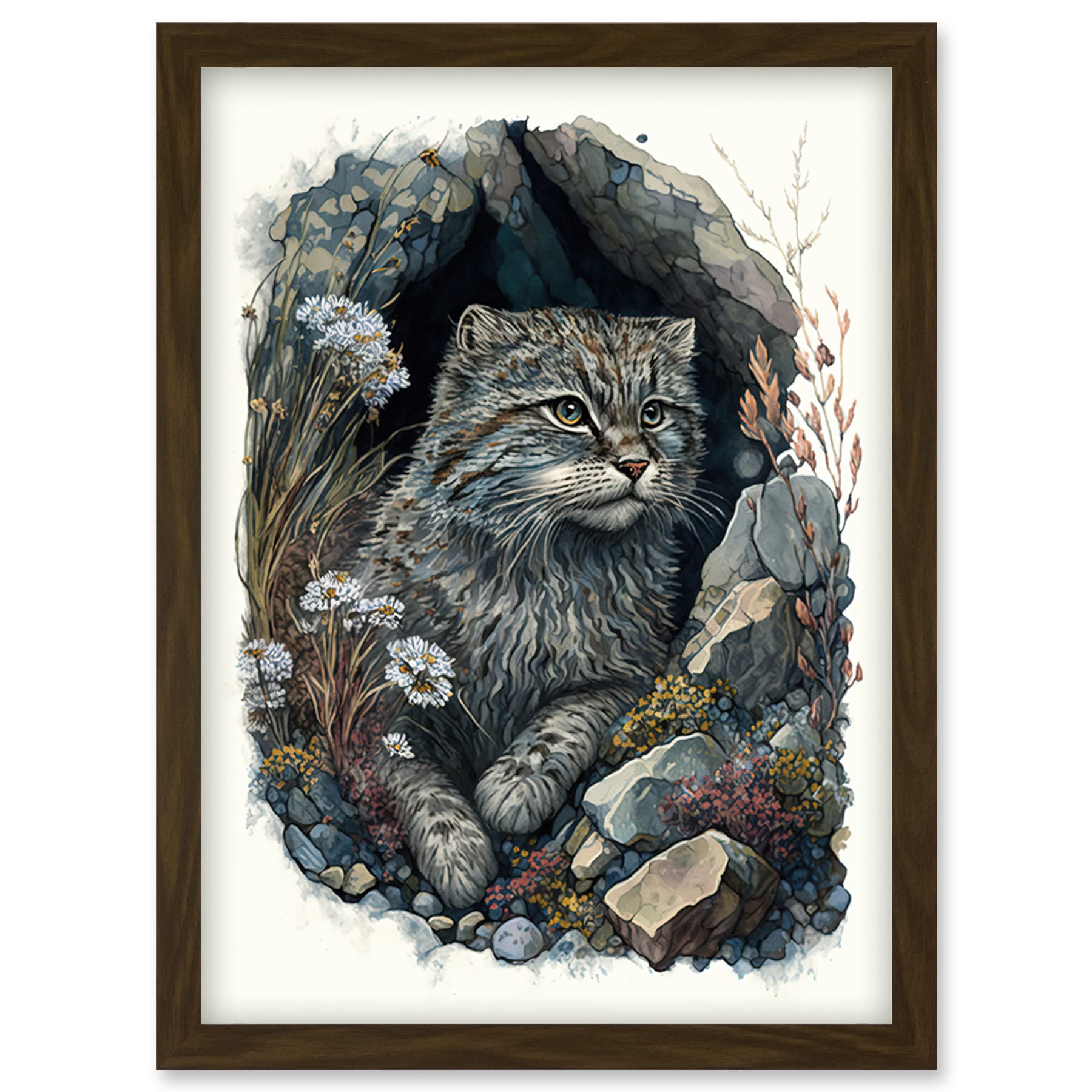 Artery8 Wild Cat in Rock Cavity with Wildflowers Detailed Watercolour Illustration Artwork Framed Wall Art Print A4