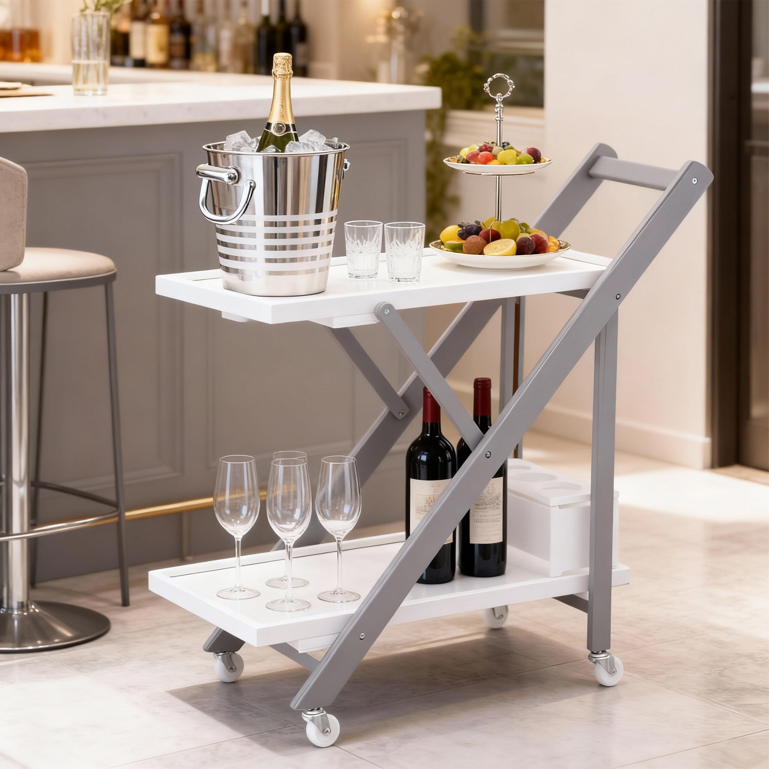 Relaxdays Carrello in bambù con portabottiglie, 2 Ripiani, 70x44x39,5 cm, Bianco-Grigio