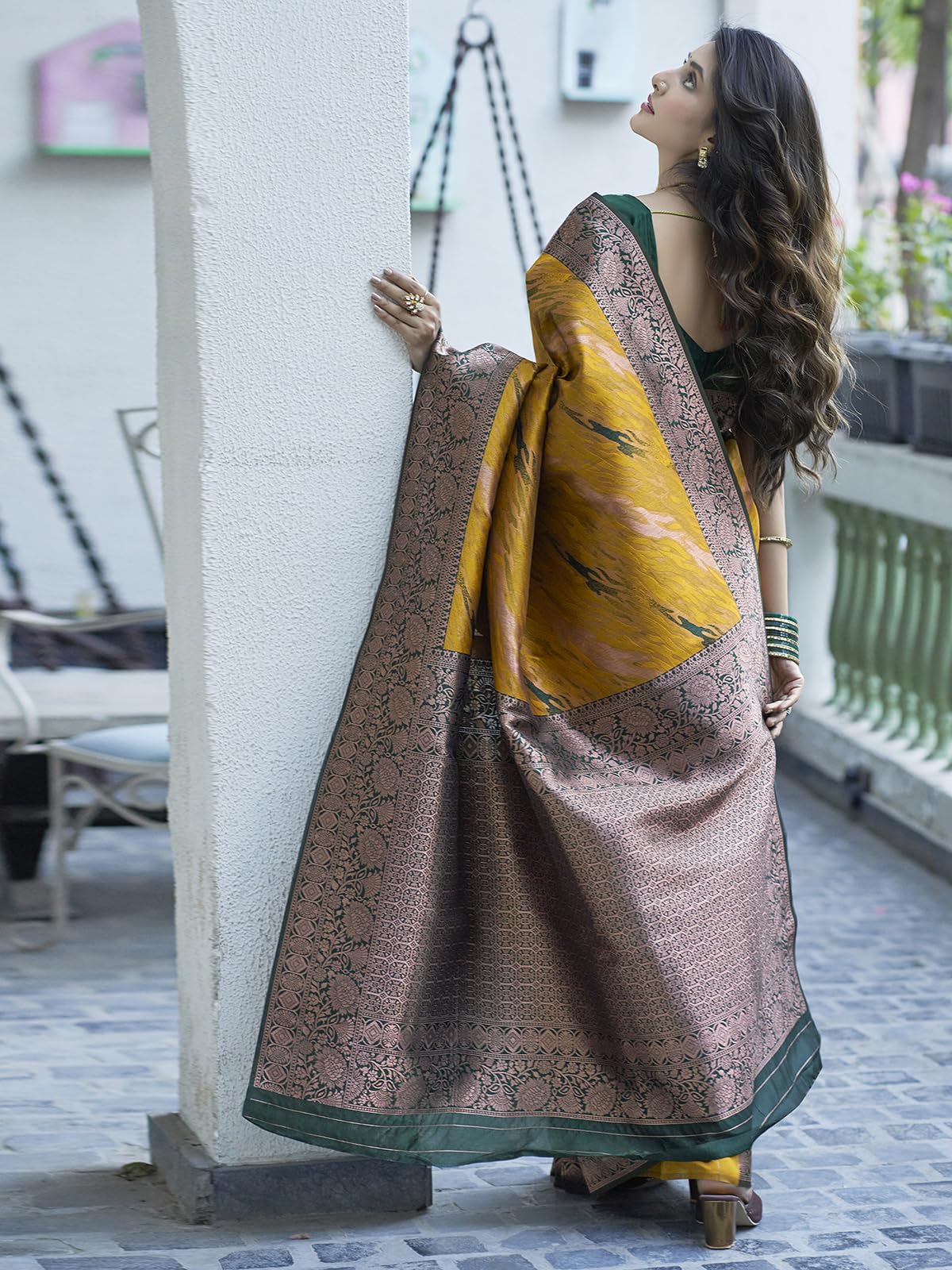 Satrani Women's Banarasi Jacquard Kanjivaram Silk Blend Saree With Unstitched Blouse Piece (3756S165N_Yellow & Dark Green)