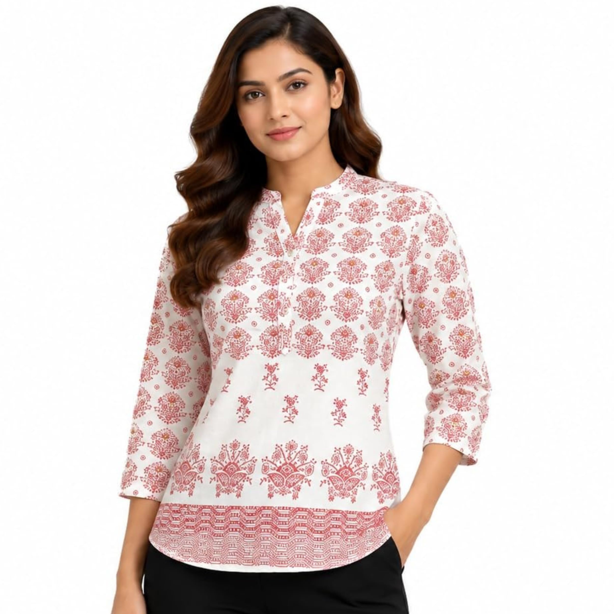 Women's Cotton Printed Kurti Top | 3/4 Sleeve Casual Ethnic Tunic | Straight Fit Short Kurta, Office, College & Casual Wear-picture-18