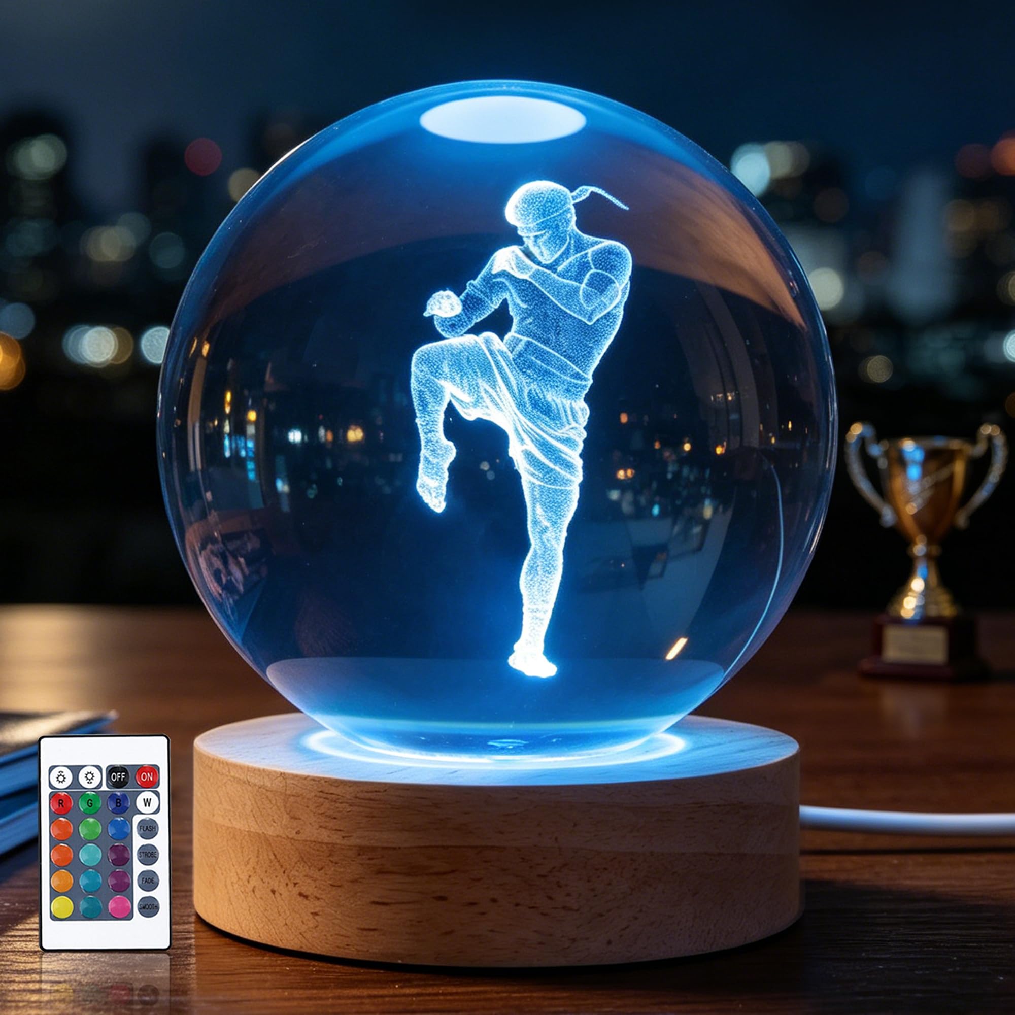 OkiyiD Muay Thai Gifts for Men, Muaythai Night Light Crystal Ball Lamp 3.15 Inch (80mm) with 16 Colors, Martial Arts MMA Gift for Boys Kids, Thai Boxing Decor for Training Room Man Cave