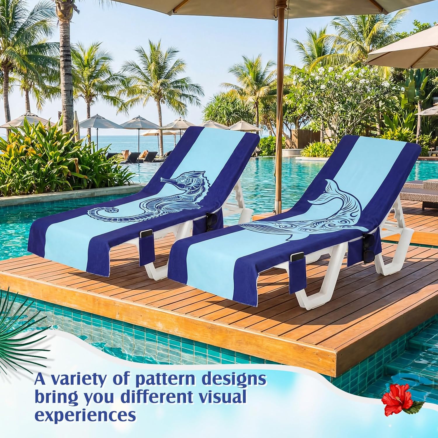 2 Pcs Pool Lounge Chair Towel Cover with 3 Pockets, 85 x 30 Inch Beach Pool Chair Towels Microfiber Chaise Lounge Covers for Outdoor Summer Sunbathing Beach Garden Lounger(Haima Whale)