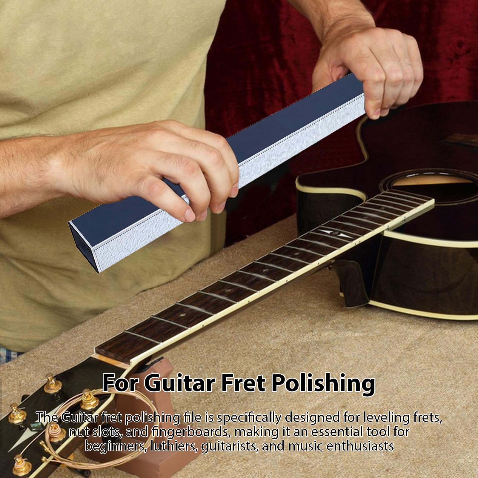 Poutre de Nivellement de Frettes en Alliage D'aluminium 16 Pouces pour la Réparation du Manche Guitare Basse avec 4 Papiers Verre - Outil Durable et Polyvalent pour les Amateurs Musique -