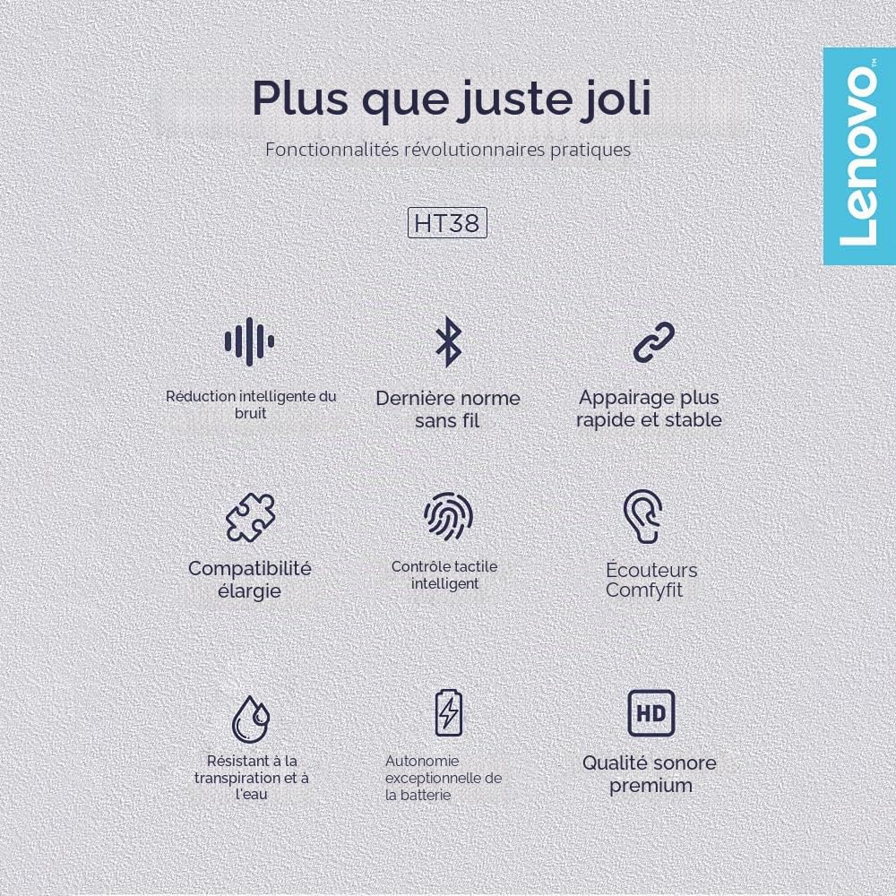 Lenovo – écouteurs sans Fil Bluetooth LivePods HT38 TWS, Mini Casque d'écoute, Commande Tactile 9D Stéréo, avec Micro, 30h d'autonomie