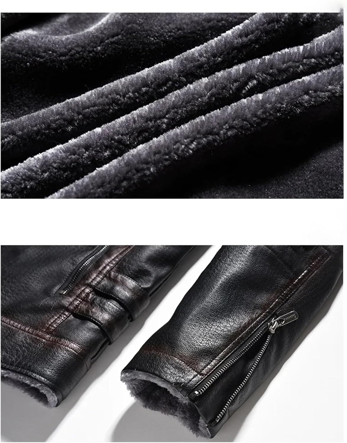 Men's Fleece Faux Leather Jacket Casual Zipper Fleece Warm Coats Vintage Motorcycle Leather Jacket