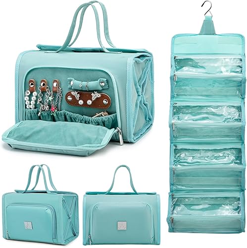 ROYALFAIR Bolsa de maquillaje enrollable, bolsa de aseo impermeable para mujer, bolsas organizadoras de viaje colgantes con compartimento