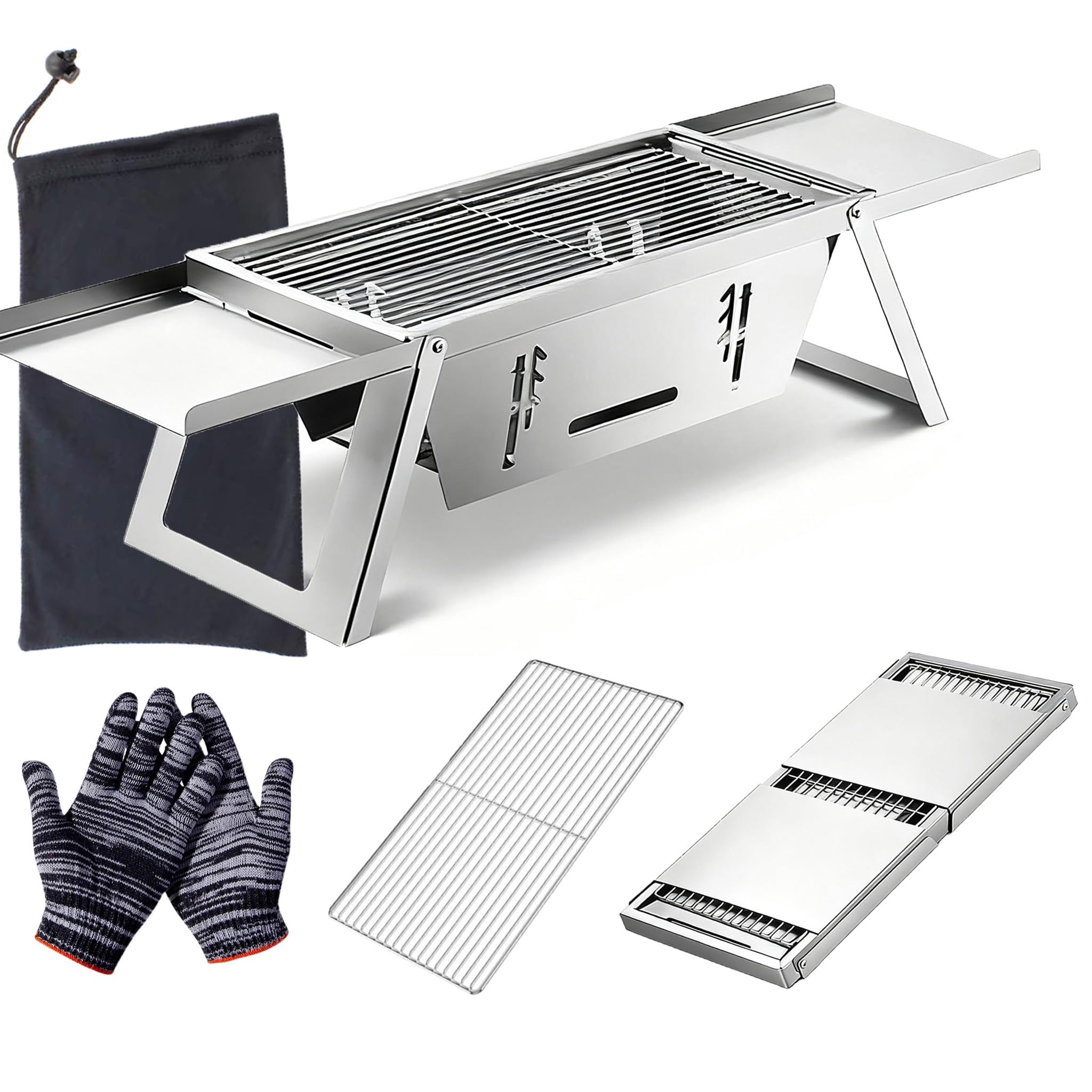 Hualisen Edelstahl Holzkohlegrill,28x6.7in Klein BBQ Grill Portable,Klappgrill mit Handschuhen und Aufbewahrungstasche Tischgrill für Partys, Picknickgrill, Reisen, Campinggrill (SK)