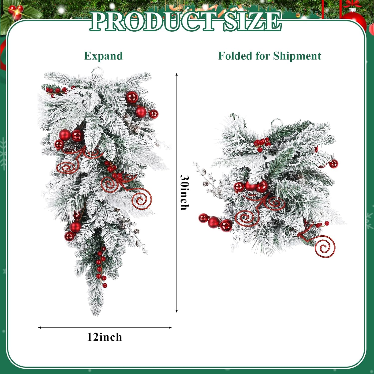SHACOS 30" Flocked Christmas Teardrop Swag Artificial Snow Pine Spruce Cedar Decorative Swag Red Berries Christmas Balls Pine Cones for Front Door Window Wall Stairs Xmas Decor