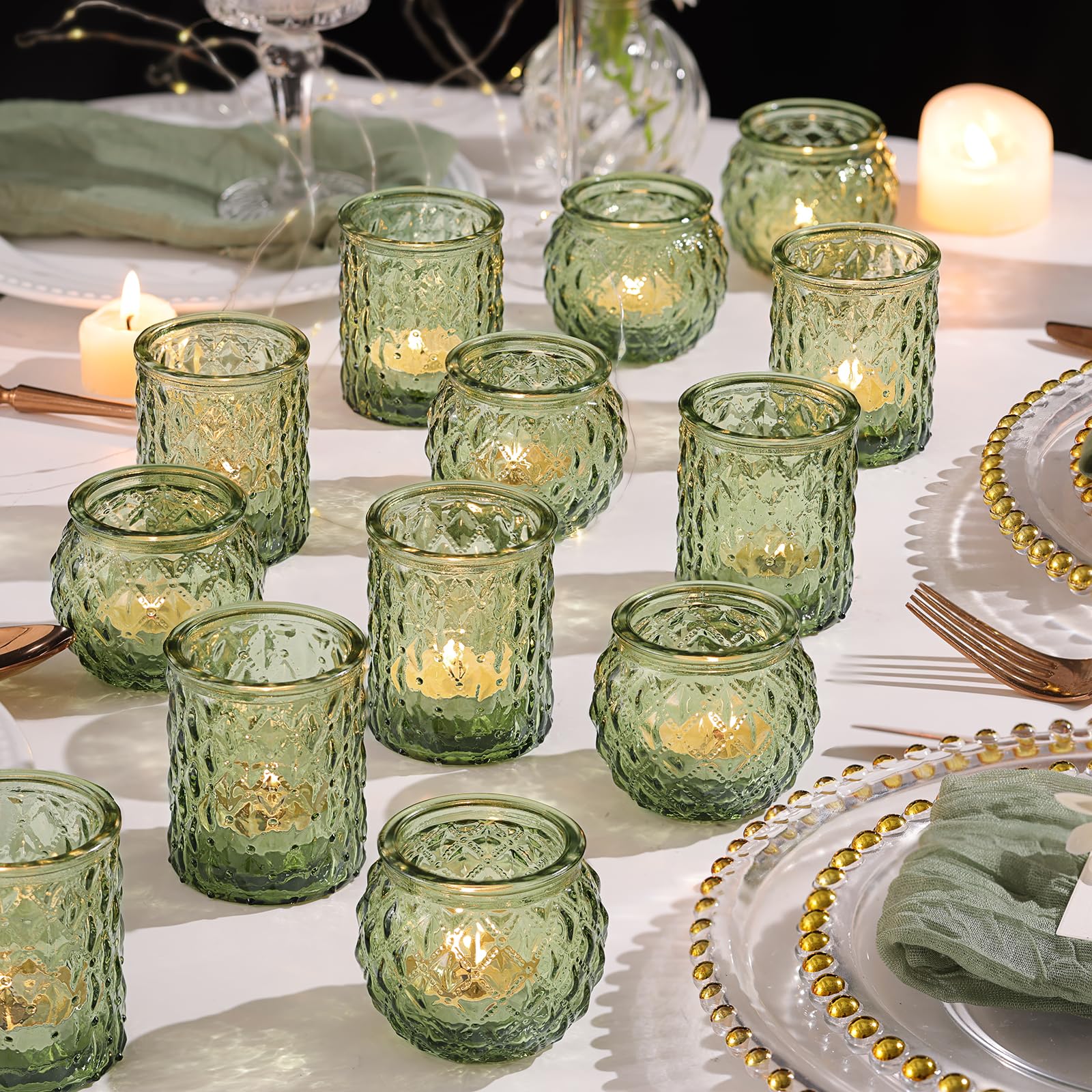 36pcs Assorted Green Votive Candle Holders, Tea Lights Candle Holder for Table Centerpiece, Green Candle Holders for Wedding, Bridal Shower and Tea Party Decorations