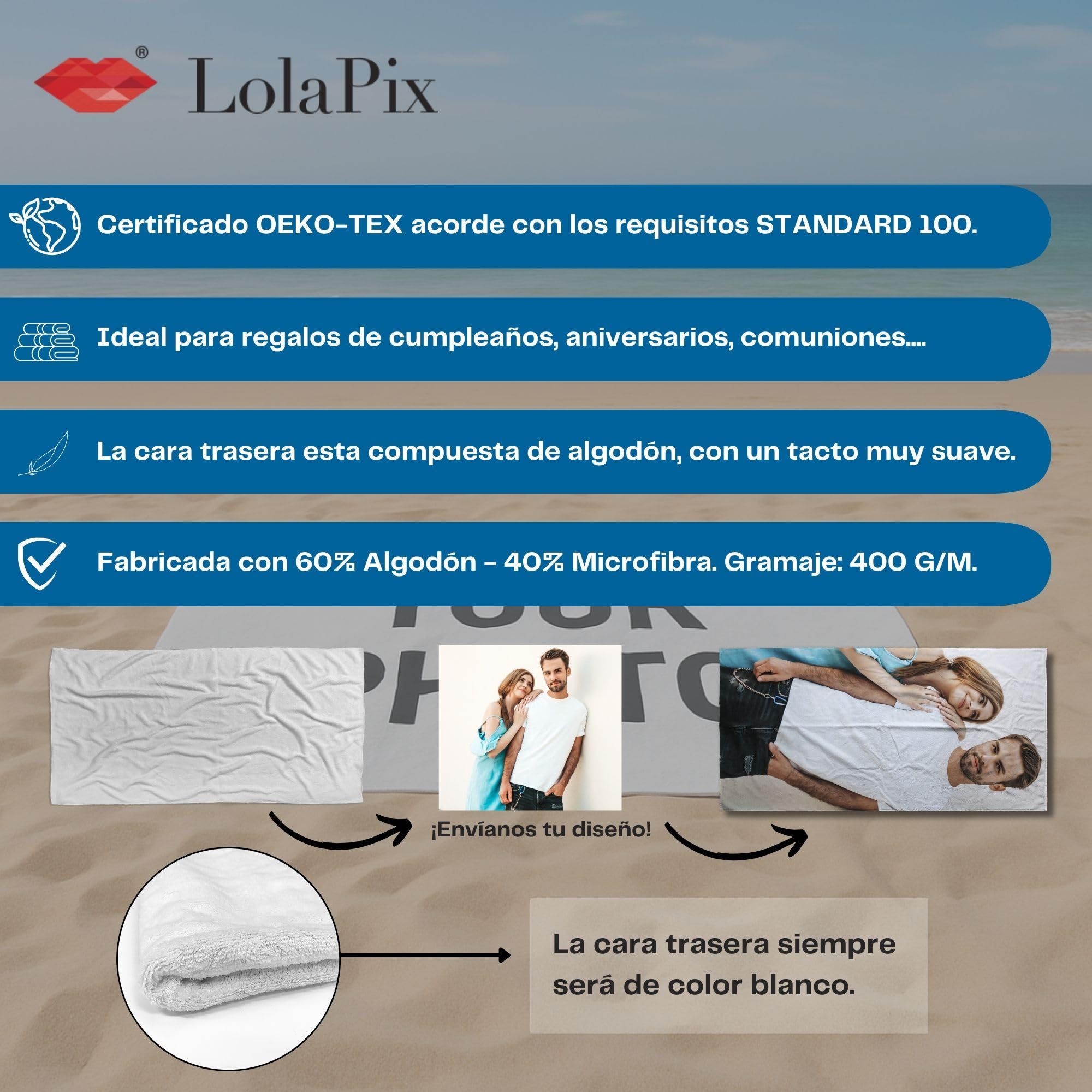 Toalla Personalizada Playa Algodón. Toallas baño personalizadas. Toalla Playa Grande. Regalos Personalizados para Mujer Personalizados con Foto. Toallas Personalizadas de baño. 90x180 PREMIUM GRUESA