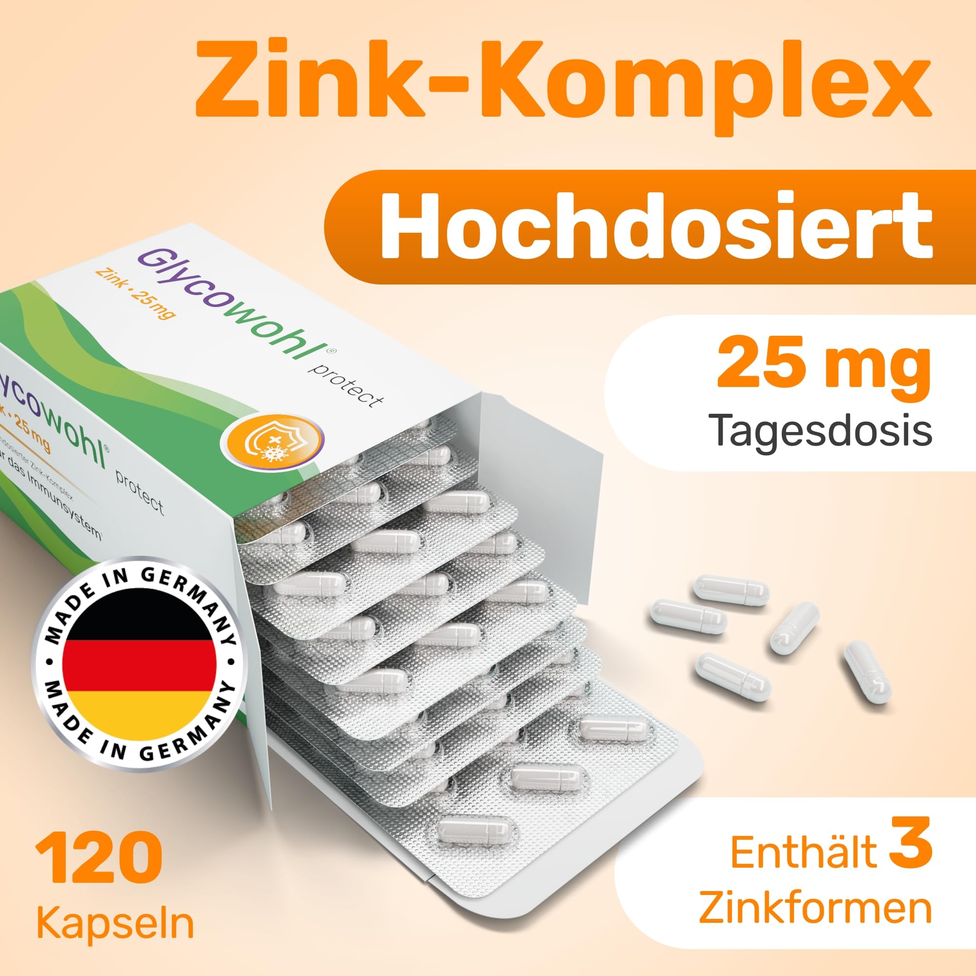 Glycowohl Zink Komplex 25 mg – 3 Zinkformen – 120 Kapseln | 10 mg Bisglycinat, 10 mg Citrat & 5 mg Picolinat (= 25 mg Zink) · Für die Dauerversorgung · Nur 1 Kapsel täglich