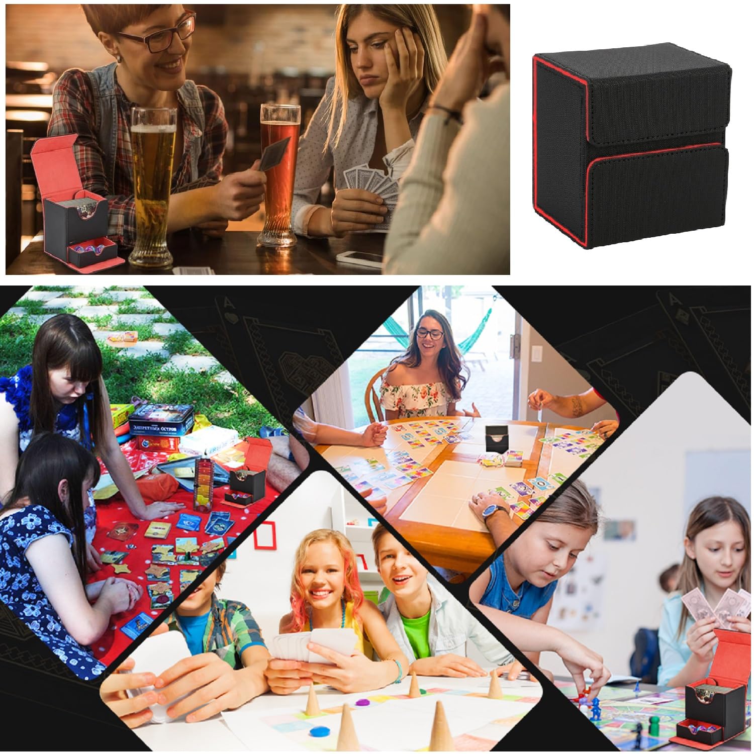 Magnetische Deck-Box Für MTG/TCG-Karten – Größe Für Bis Zu 100 Karten, Mit 2 Trennwänden, PU-Leder, Schwarz-rot
