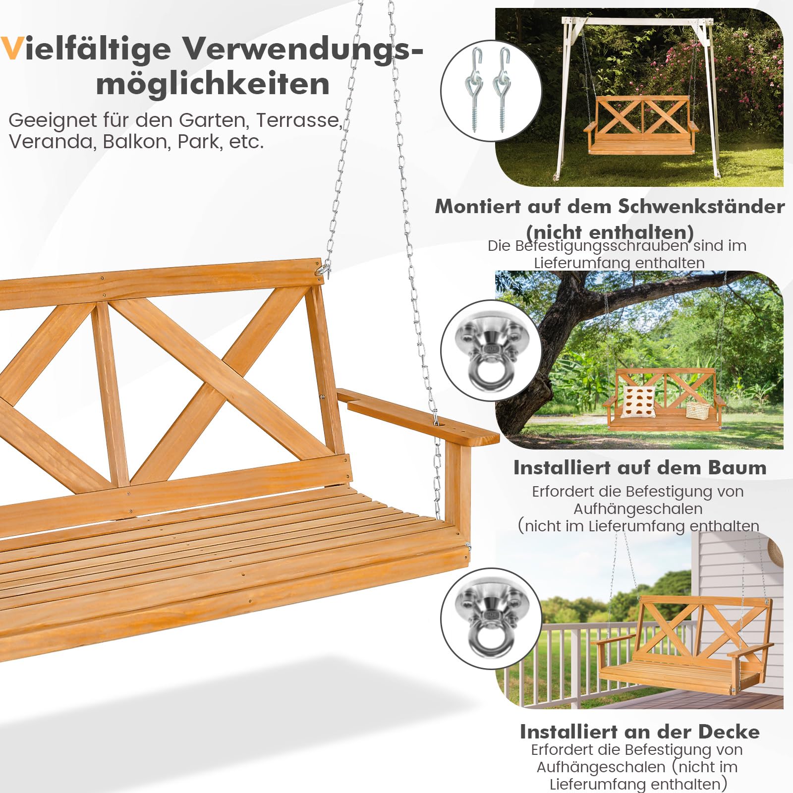 COSTWAY Hängebank aus Massivholz, 2-Sitzer Gartenschaukel zum Aufhängen, Hollywoodschaukel bis 240 kg belastbar, Outdoor-Schaukelbank für Terrasse, Garten, Hof, 134 x 60 x 65 cm, Natur