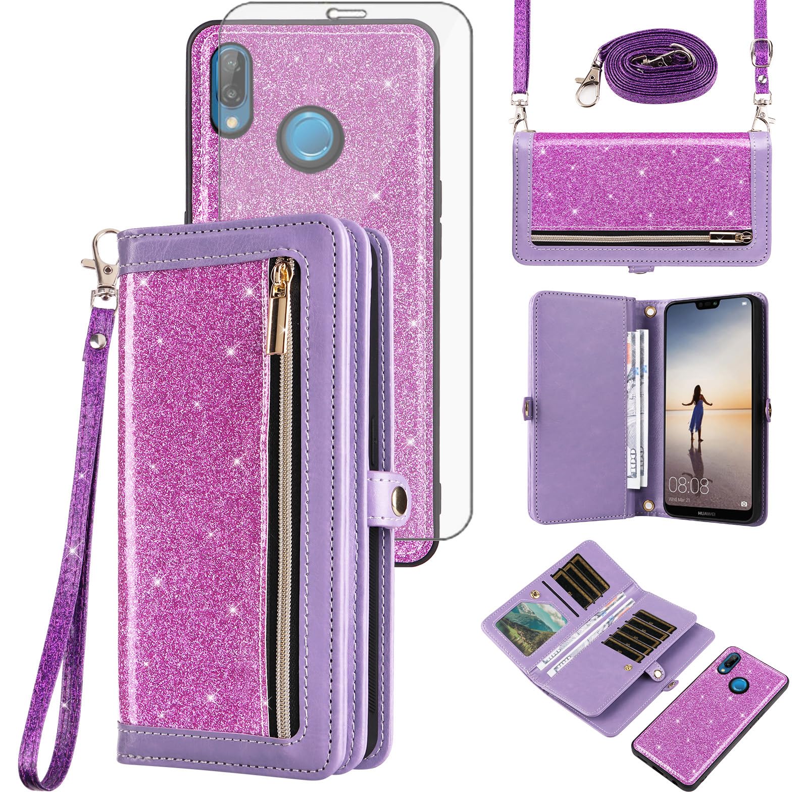 Asuwish Étui de téléphone pour Huawei P20 Lite - Fermeture éclair - Portefeuille amovible - Avec protection d'écran en verre trempé - Bandoulière à paillettes - Porte-cartes Hawaii P20lite P 20 Nova