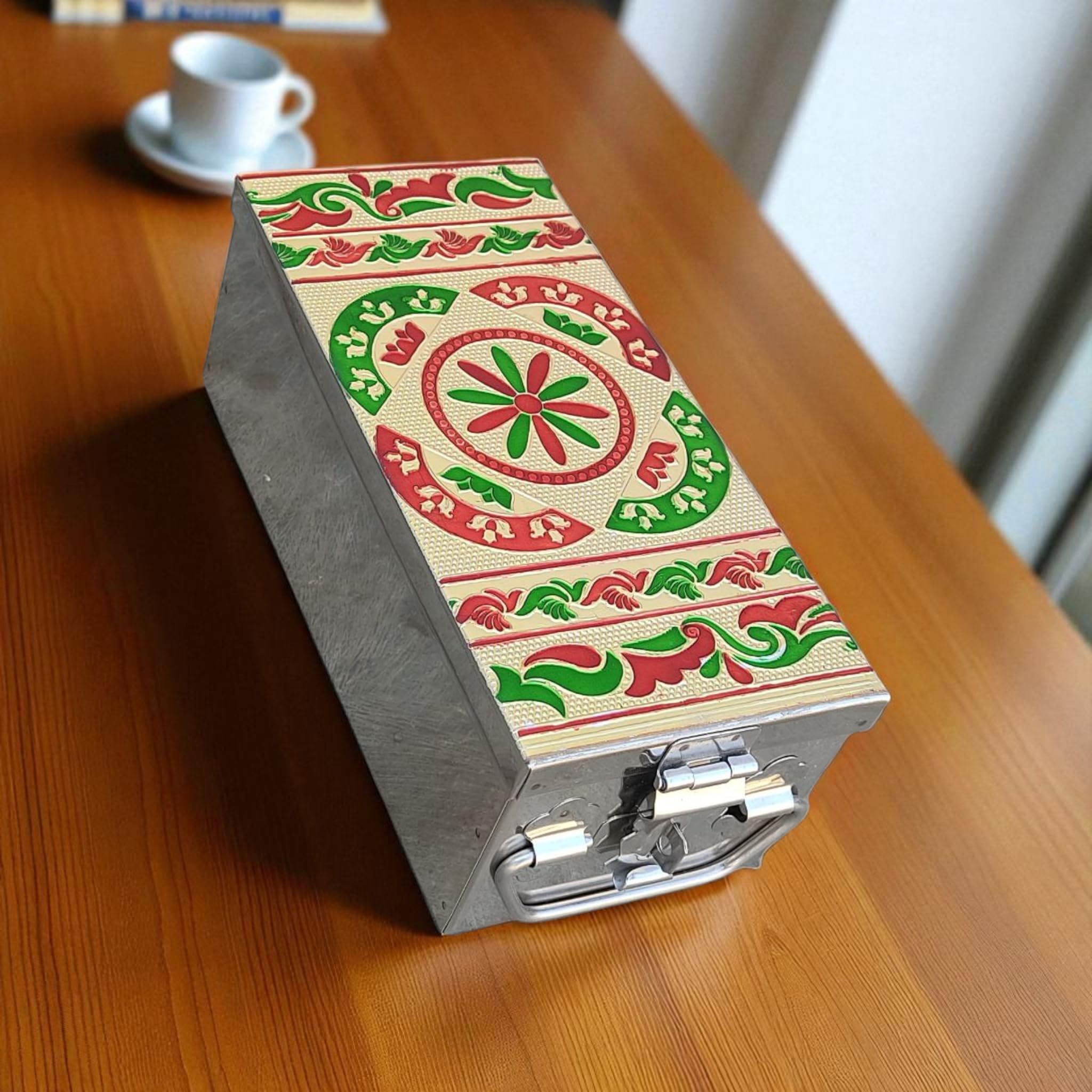 Stainless Steel Storage Box, Cash Box, Pooja Peti, Organizer, Vanity Storage Box, Jewellery Safe Bank Locker, Cash Box With Handicrafts Digital Meena Kari Design (8 INCH)-image-8