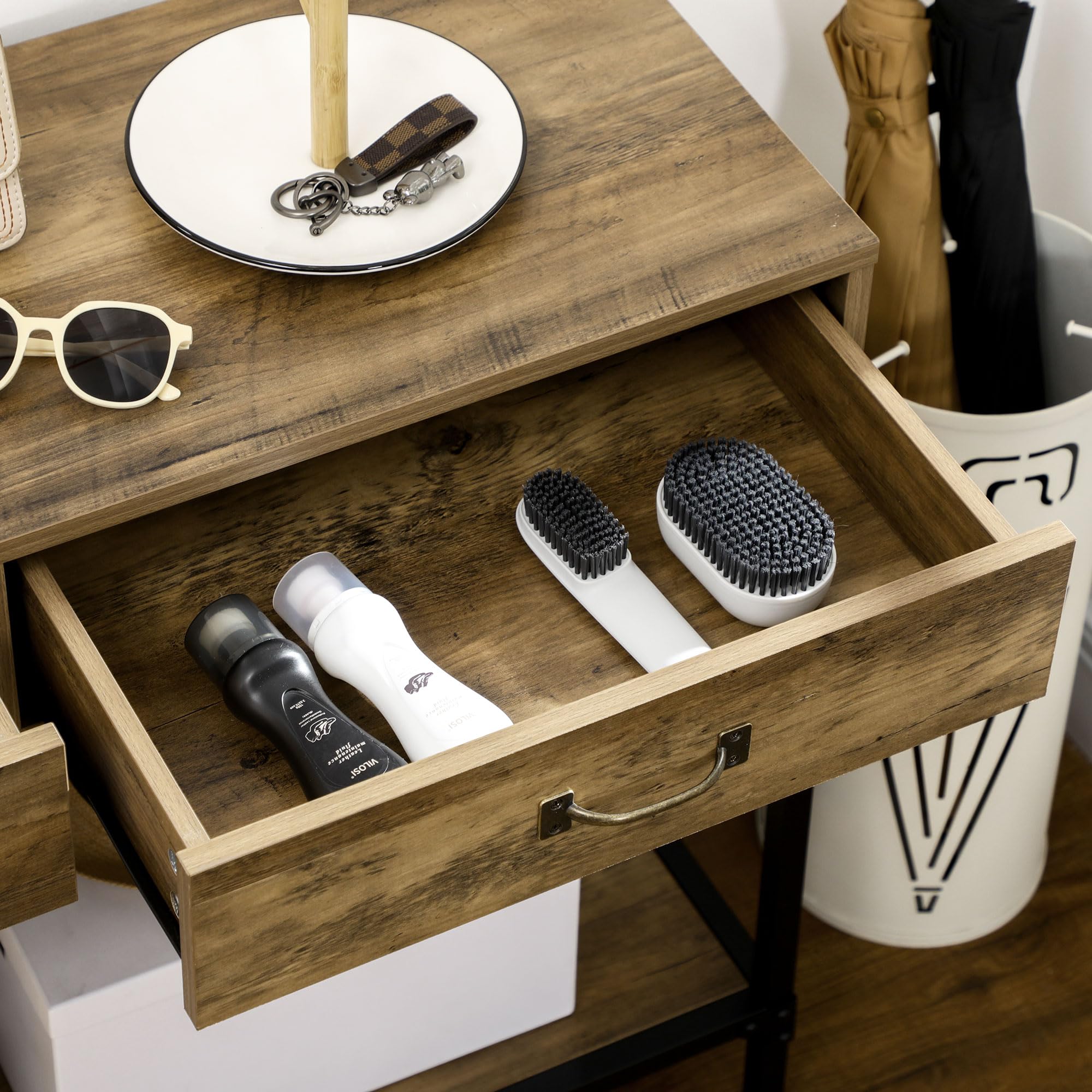 HOMCOM Mesa de Consola Industrial con 2 Cajones y Estante, Marrón y Negro | Mesa de Sofá, Consola Recibidor, Patas de Metal, para Salón, Pasillo, Entrada