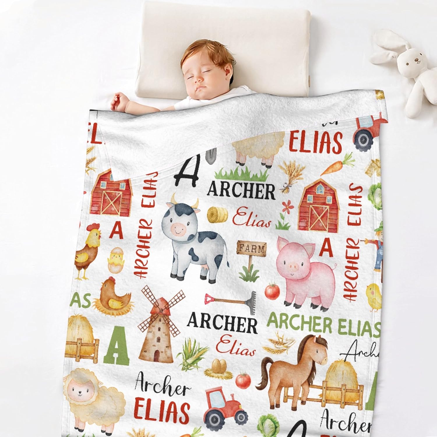 Personalized Baby Blanket for Girls Boys Farm Animals Custom Baby Blanket with Name Swaddle Blanket for Toddlers Infants Kids Shower Newborns Nursery Stroller Crib Decor Throw Birthday Gift