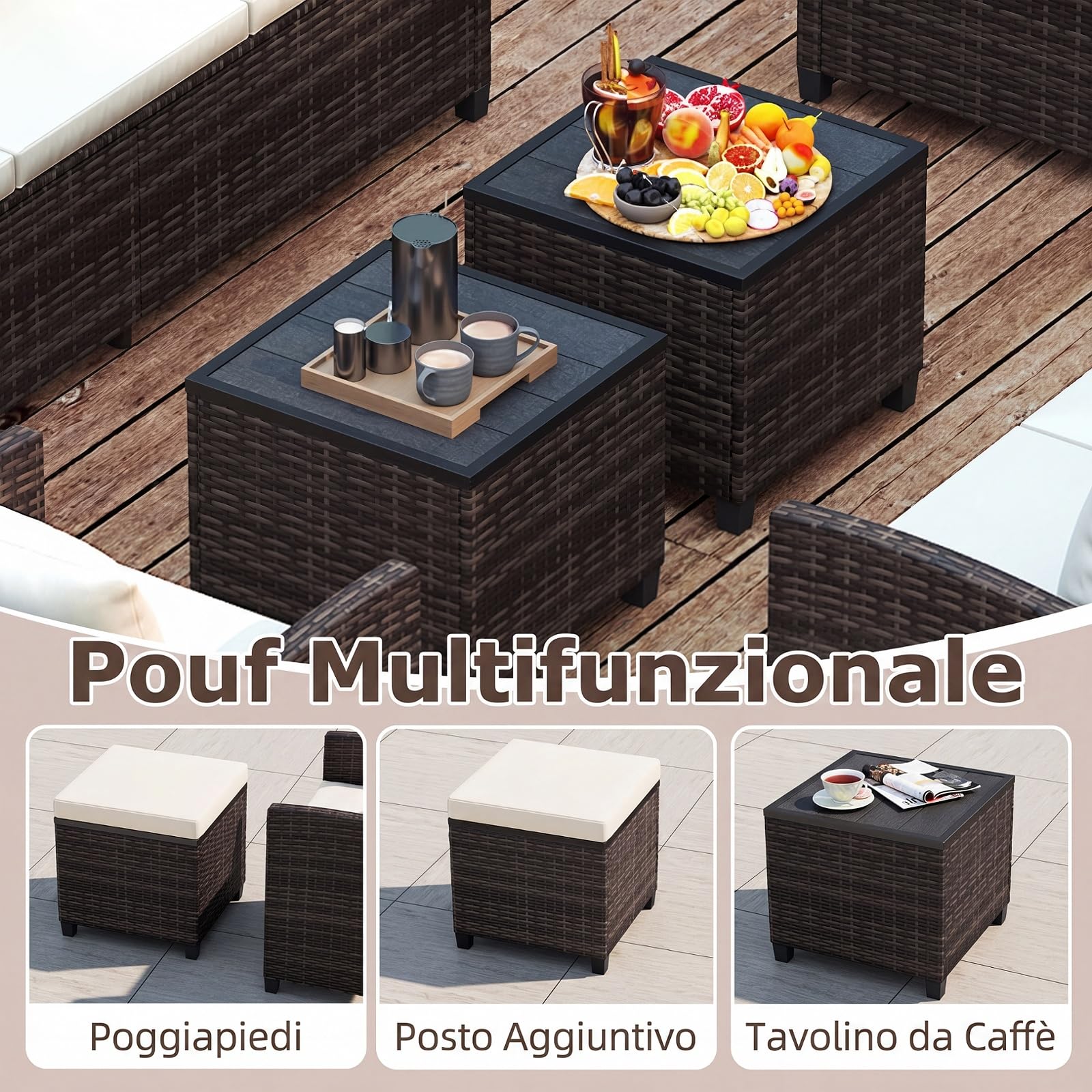 COSTWAY Set Salotto da Giardino per 7 Persone, Set da Esterno in Rattan con Divano a 3 Posti, Divano a 2 Posti, 2 Poltrone e 2 Poggiapiedi con Cuscini Morbidi per Terrazza e Balcone (Beige)
