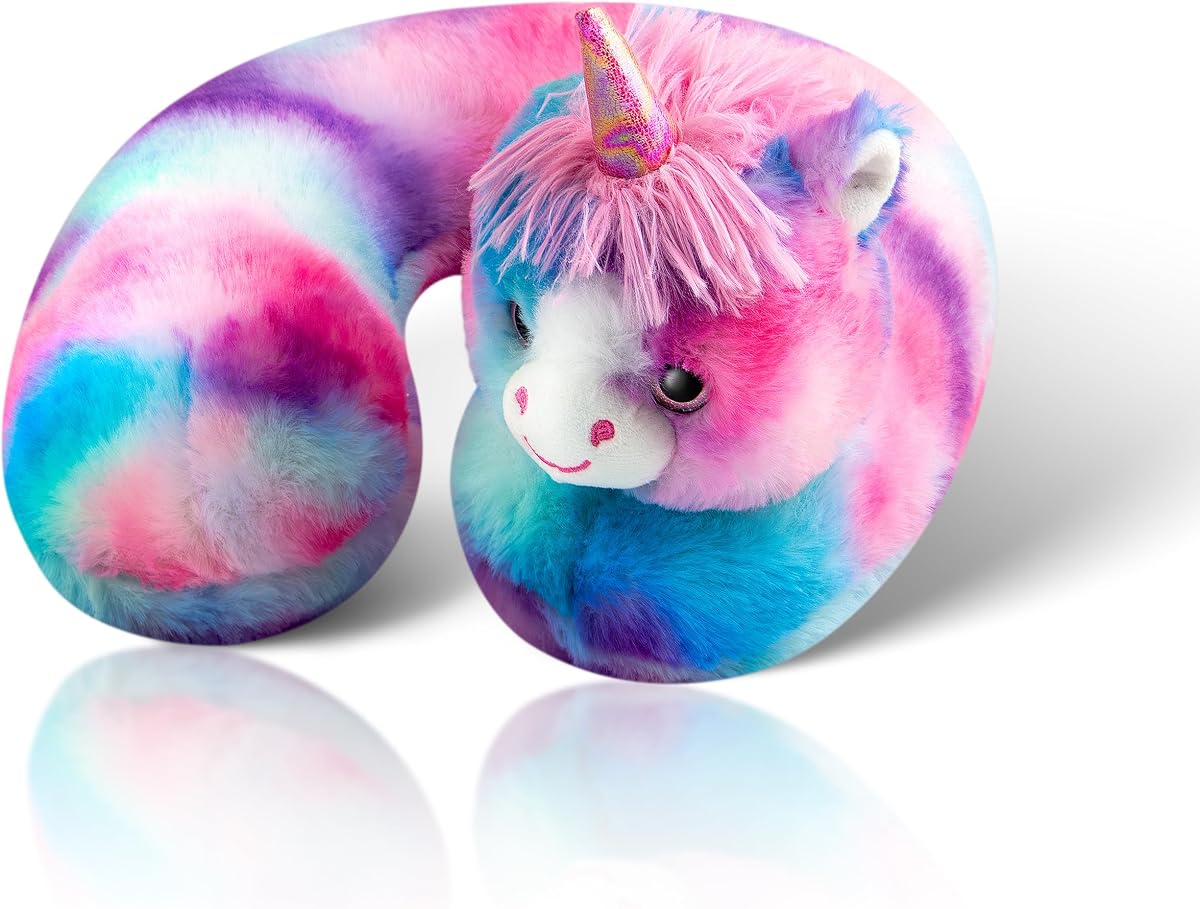 Cloudz Kids Super Soft N' Cuddly Animal Avión Almohada de viaje para el cuello. Mantenga a los niños cómodos y apoyados con un amigo mientras viajan o simplemente descansan en casa - Unicornio rosa/azul