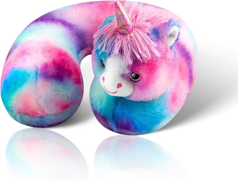 Cloudz Kids Super Soft N' Cuddly Animal Avión Almohada de viaje para el cuello. Mantenga a los niños cómodos y apoyados con un amigo mientras viajan o simplemente descansan en casa - Unicornio rosa/azul