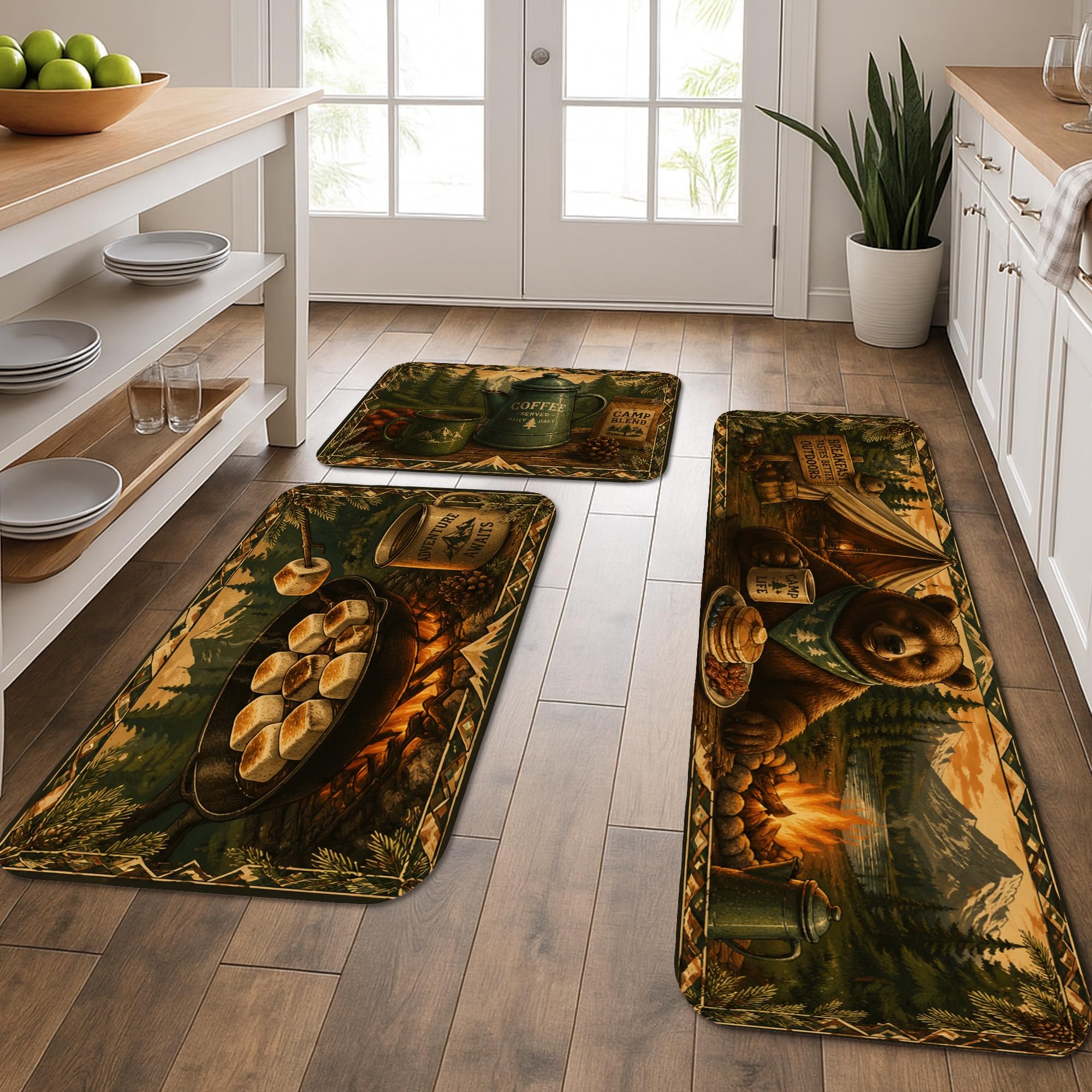 Tapis de cuisine ours et camping vintage lot de 3 lavables et confortables