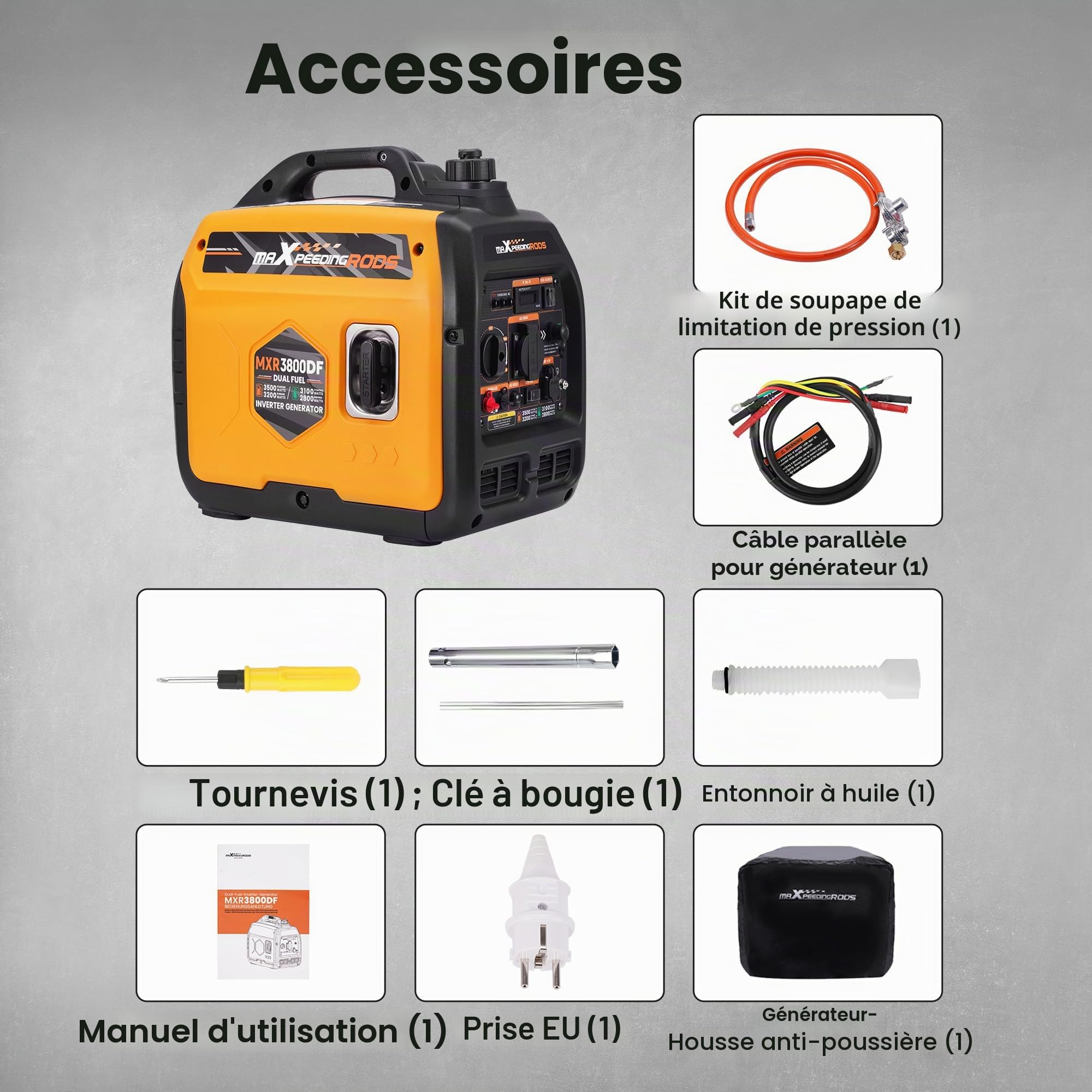 maXpeedingrods Générateur de courant 3500 W LPG/essence Inverter Gaz silencieux Dual Fuel avec prise 230 V/16 A ; 2 ports USB pour camping, garage, voyage, extérieur