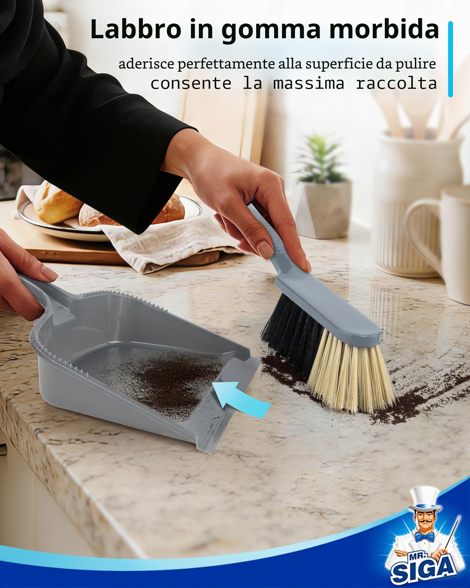 MR.SIGA Set Paletta e Spazzola, Confezione da 2, Blu e Grigio | Set Composto da Spazzola e Paletta Portatili, Scopa Piccola con Paletta