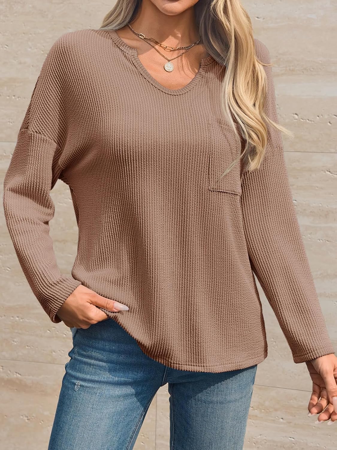 Cicy Bell Womens Tops Oversized Long Sleeve V Neck Shirts Casual Loose Fit Knit Tee Shirt with Pocket - Image 3