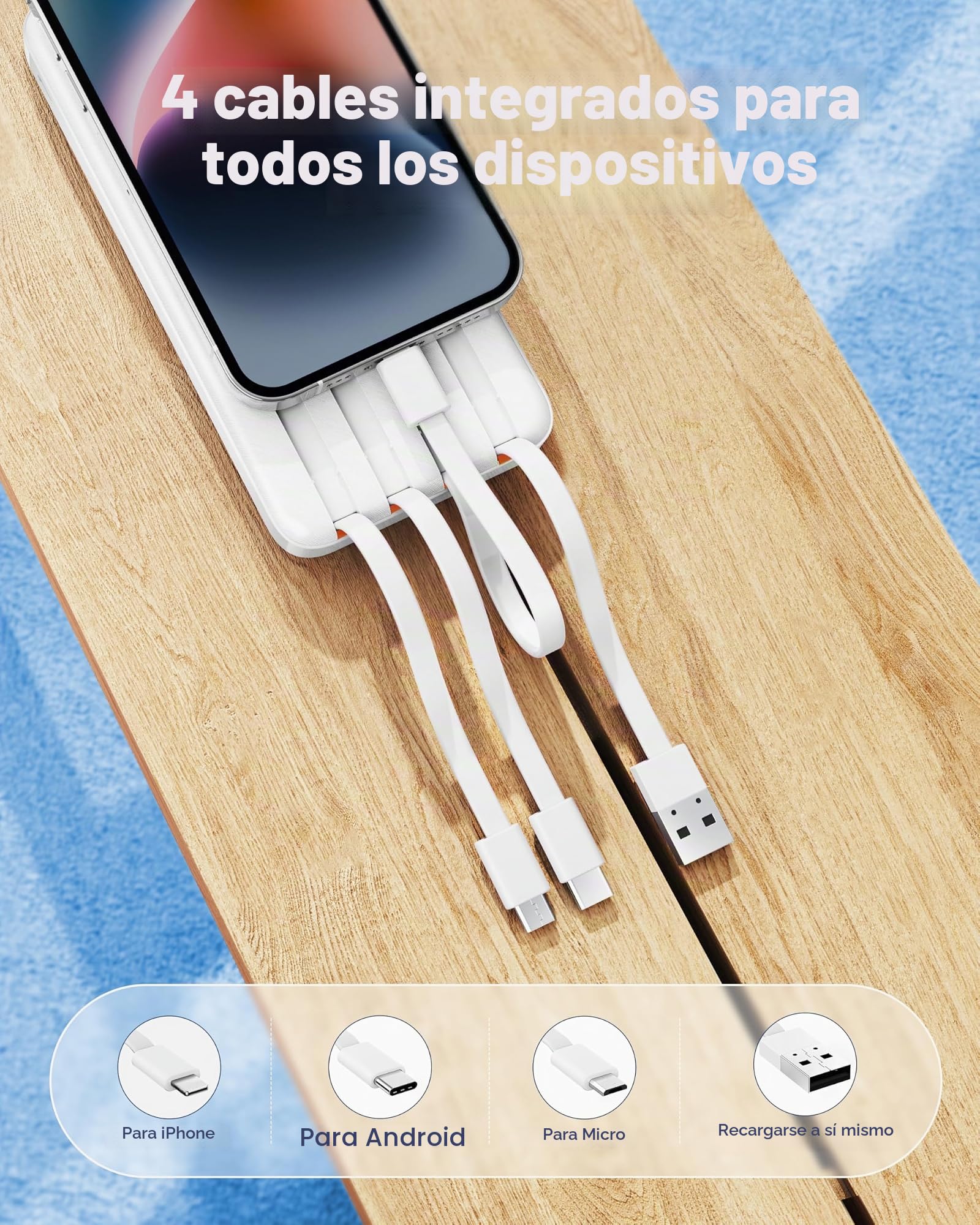 Charmast Banco de energía con Cables Integrados, Carga rápida de 20000 mAh, 22,5 W, PD QC, Cargador portátil USB C Compatible con iPhone 17/16/15/14, iPad, teléfonos Android (Blanco)