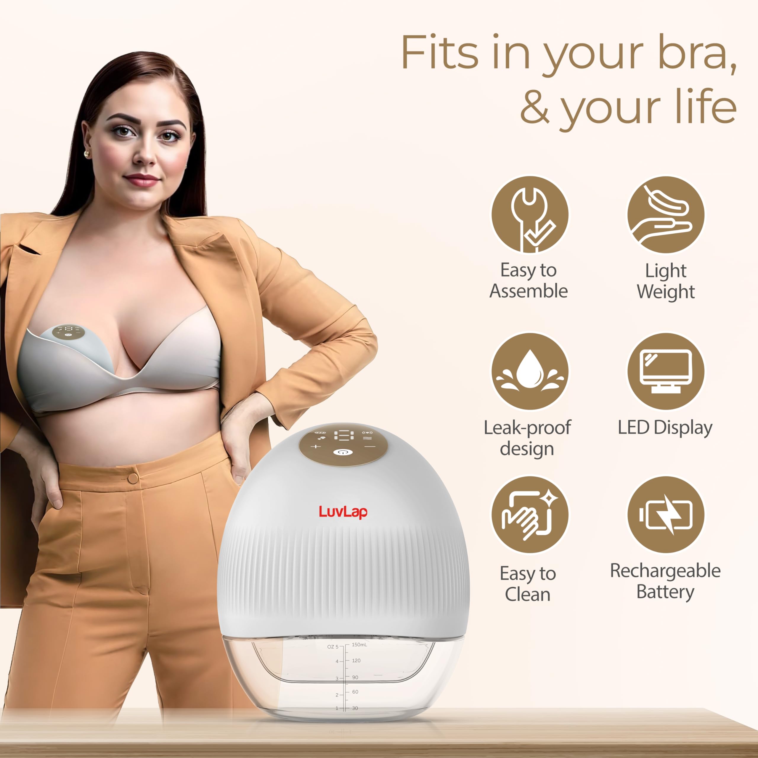 LuvLap Glory Hands-Free Electric Breast Pump for Breastfeeding, Wearable, Portable, 4 Modes & 9 Suction Levels, Type-C Fast Charging, 24mm Breast Shield, Includes 19/21/27mm Soft Flange Inserts, White 2