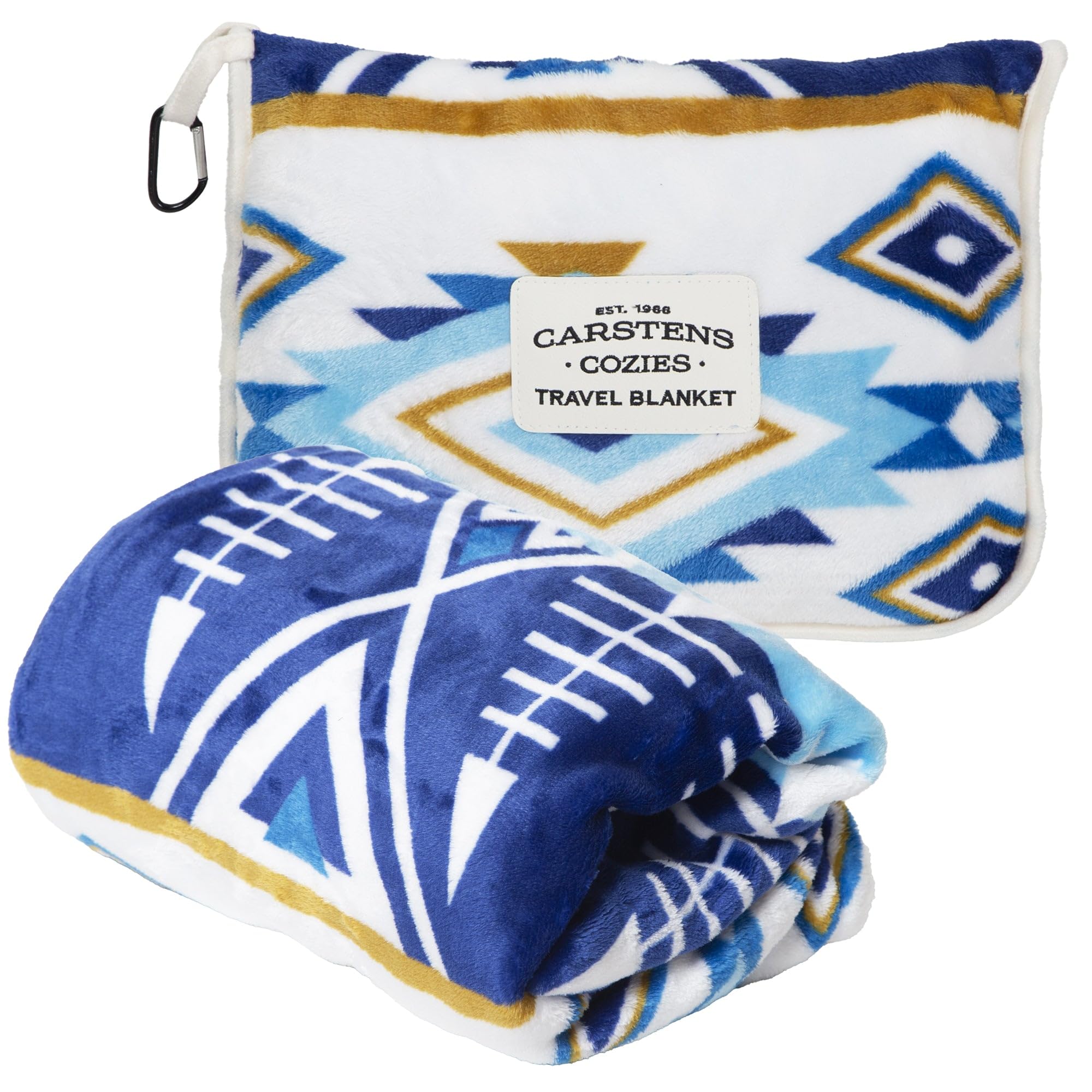 CARSTENS, INC. Travel Blanket, Premium Compact 2-in-1 Airplane Blanket/Pillow, Open Sky Blue Aztec