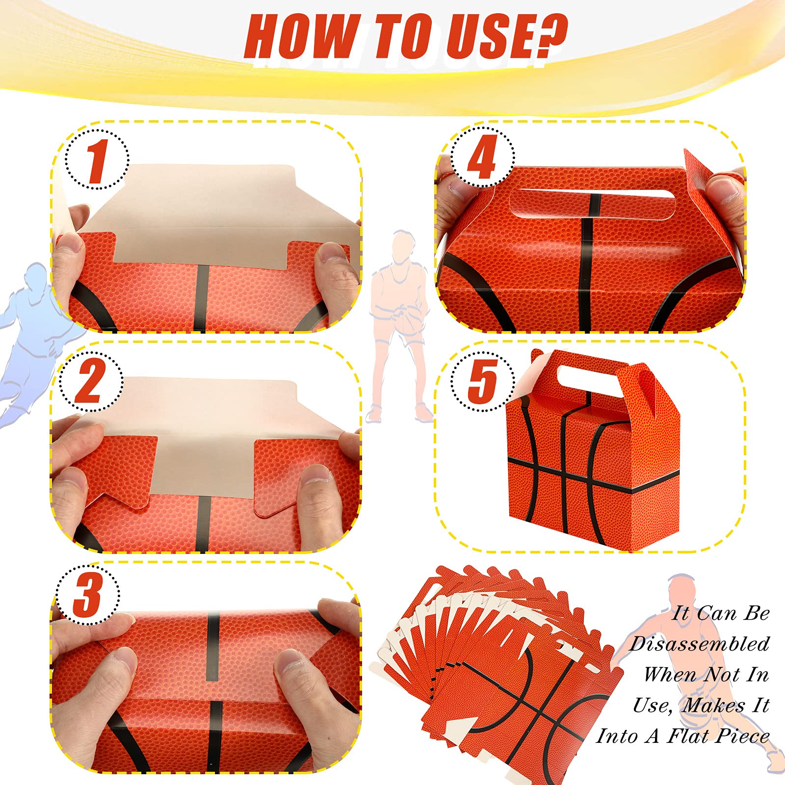 Chinco 12 Pieces Basketball Goody Box Party Favor Bags Sports Gift Candy Goodie Bags Basketball Party Favors Treat Boxes with Handles Gift Supplies Decorations for Baby Shower Adult Birthday