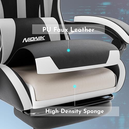 Miniatura 6 de Silla de juegos, silla ergonómica para computadora con reposapiés y soporte lumbar, silla de juego ajustable en altura con asiento giratorio de 360