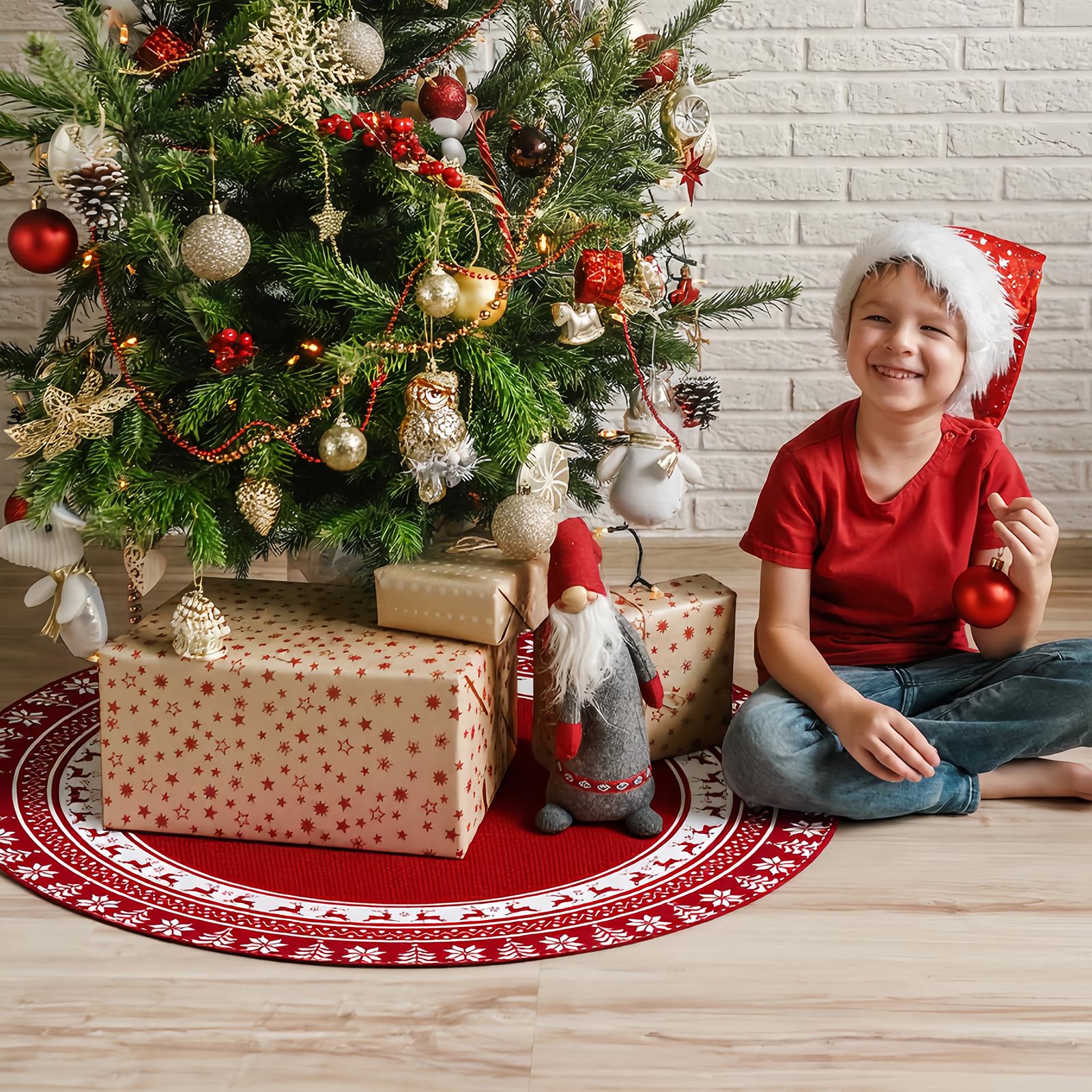 Gonna Per Albero Di Natale 120 Cm - Tappeto Base Con Motivi Renne E Foglie, Peluche Morbido, Per Decorazioni Festive