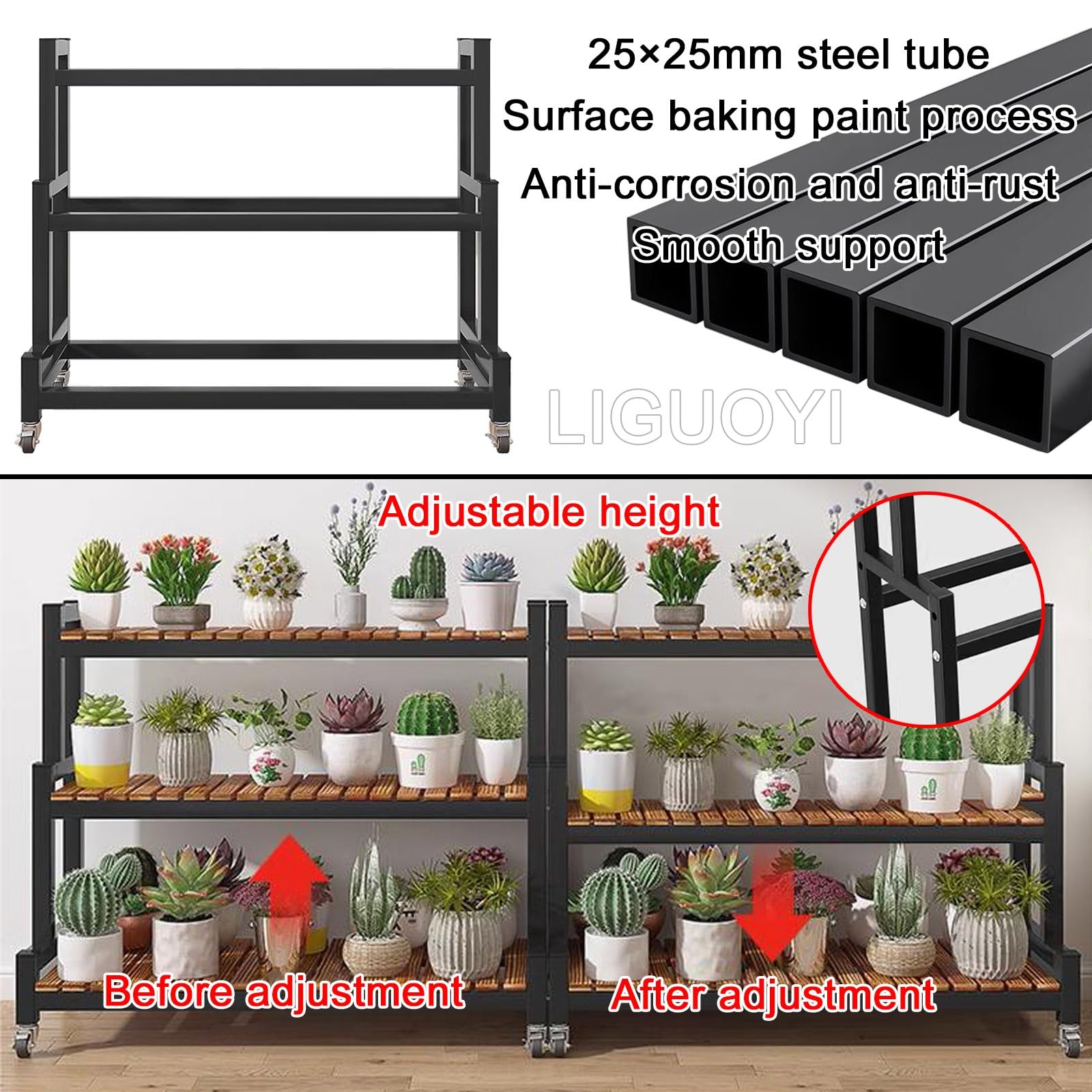 LIGUOYI Étagère À Plantes Métal Étagère À Fleurs, Banc À Fleurs À Échelle 2 Niveaux 3 Niveaux Etagère Plantes avec roulettes, Gain D'espace Porte Plantes pour Intérieur Ou Extérieur Jardin Balcon