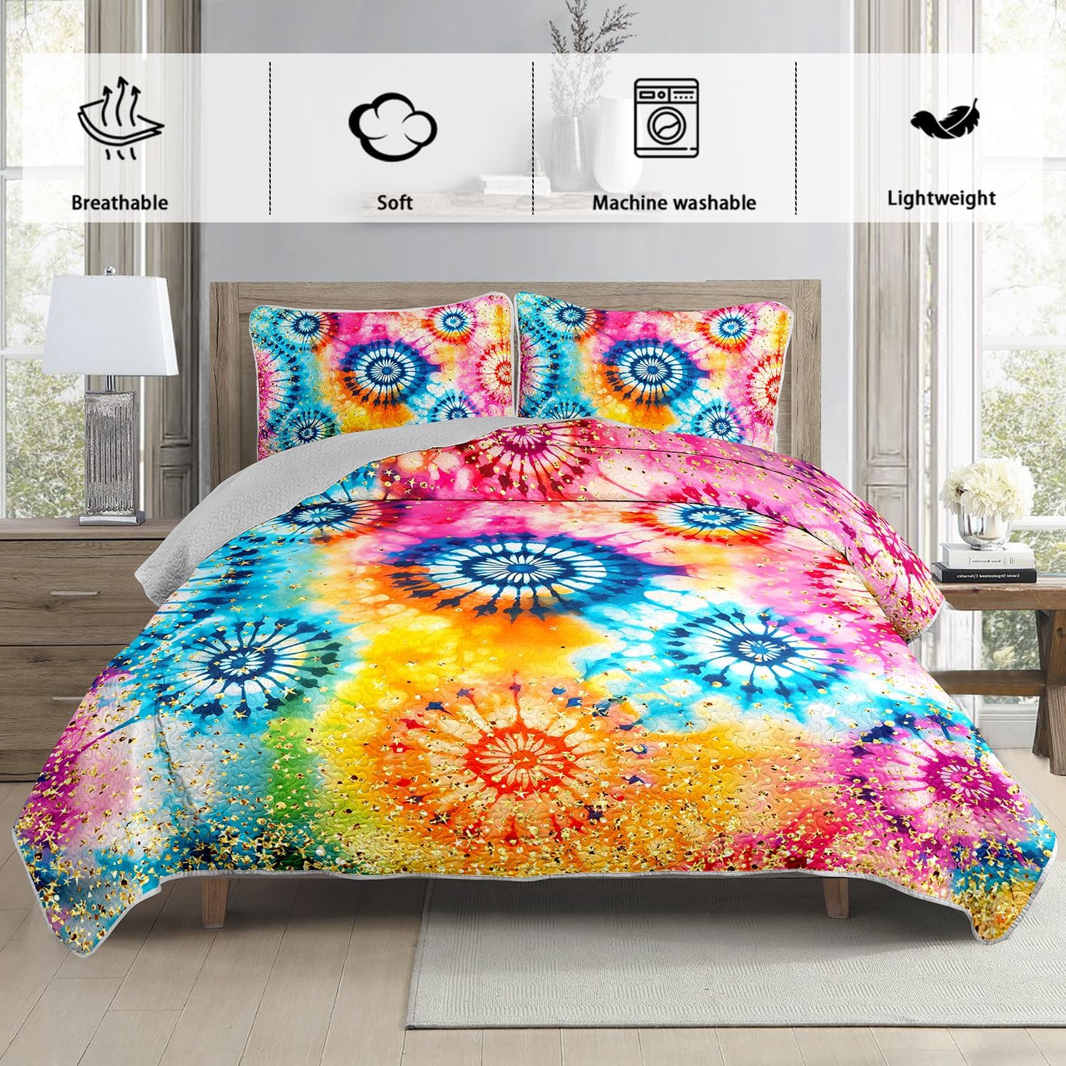 Colorful Tie Dye Quilt Sets King Size,Bohemian Art Style Watercolor Bedding for Adults Kids Girls Boys Teens Bedroom,Soft Lightweight Microfiber Quilt with 2 Pillowcases.