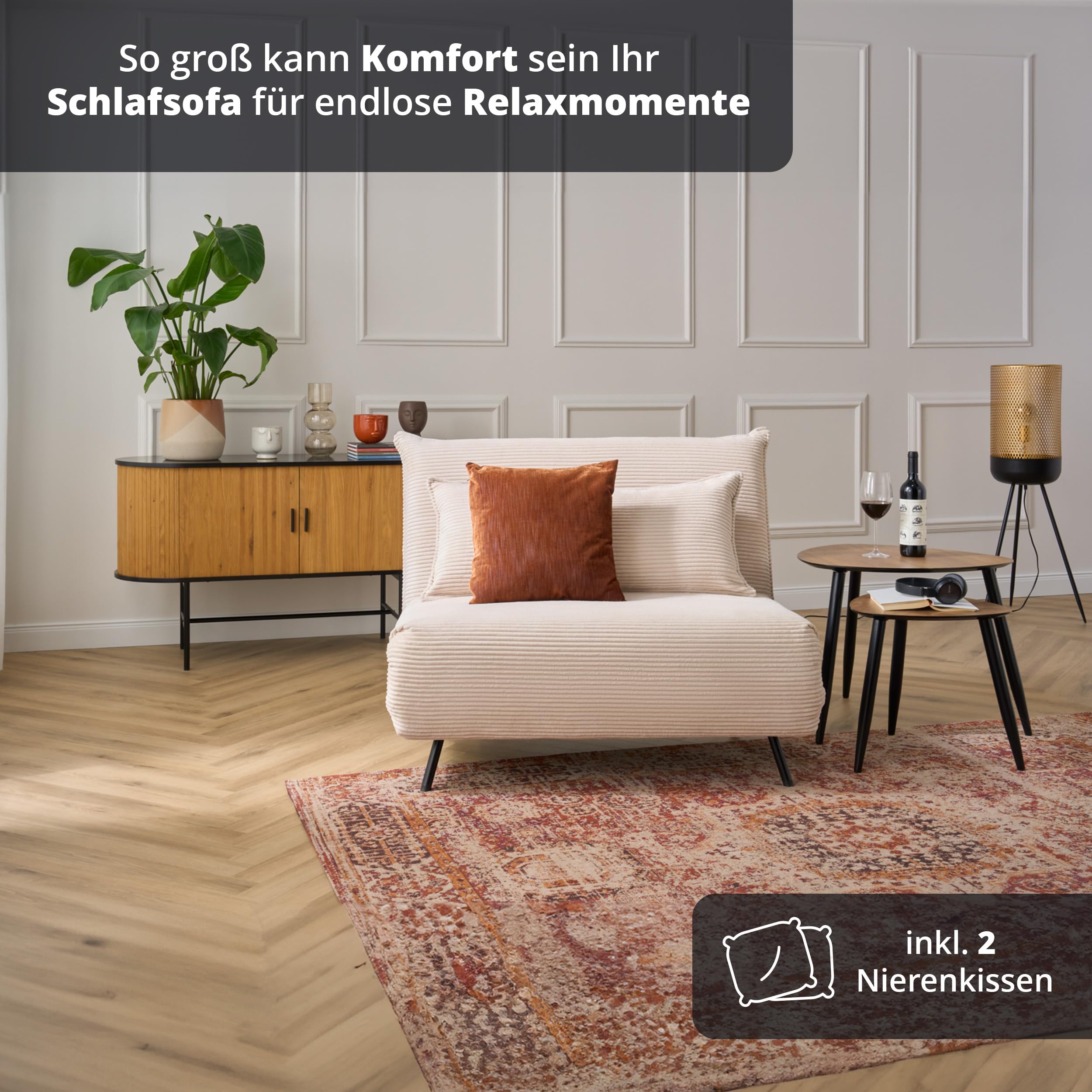 KHG Schlafsessel Beige - Liegefläche ca. 193x108 cm, Sitzhöhe 42 cm, Cordstoff, Relax- und Schlaffunktion, Nosag-Wellenunterfederung, inkl. Nierenkissen, modernes Design
