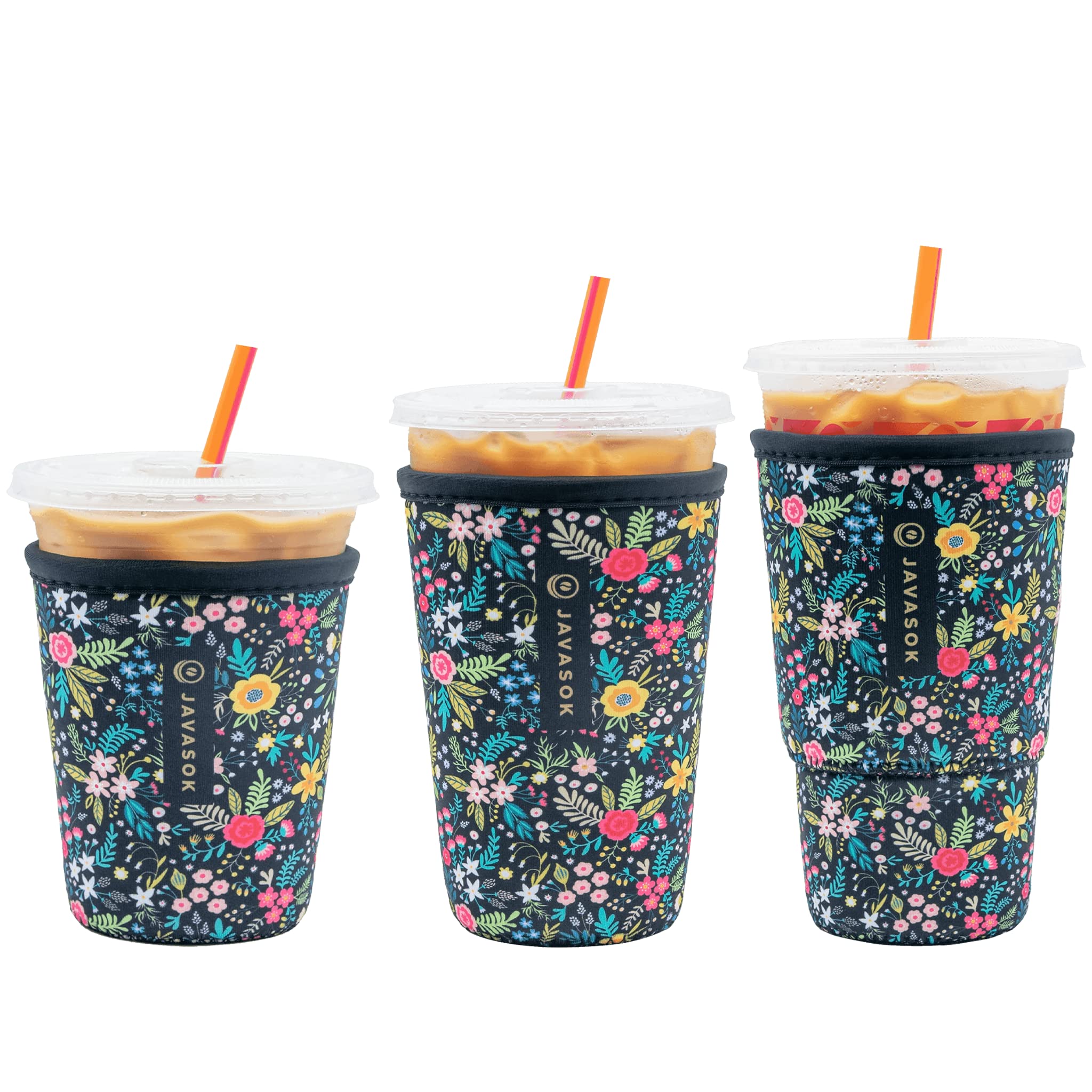 Sok It JavaSok Iced Coffee & Cold Soda Insulated Neoprene Cup Sleeve (English Garden Picnic, S/M/L 3-Pack)
