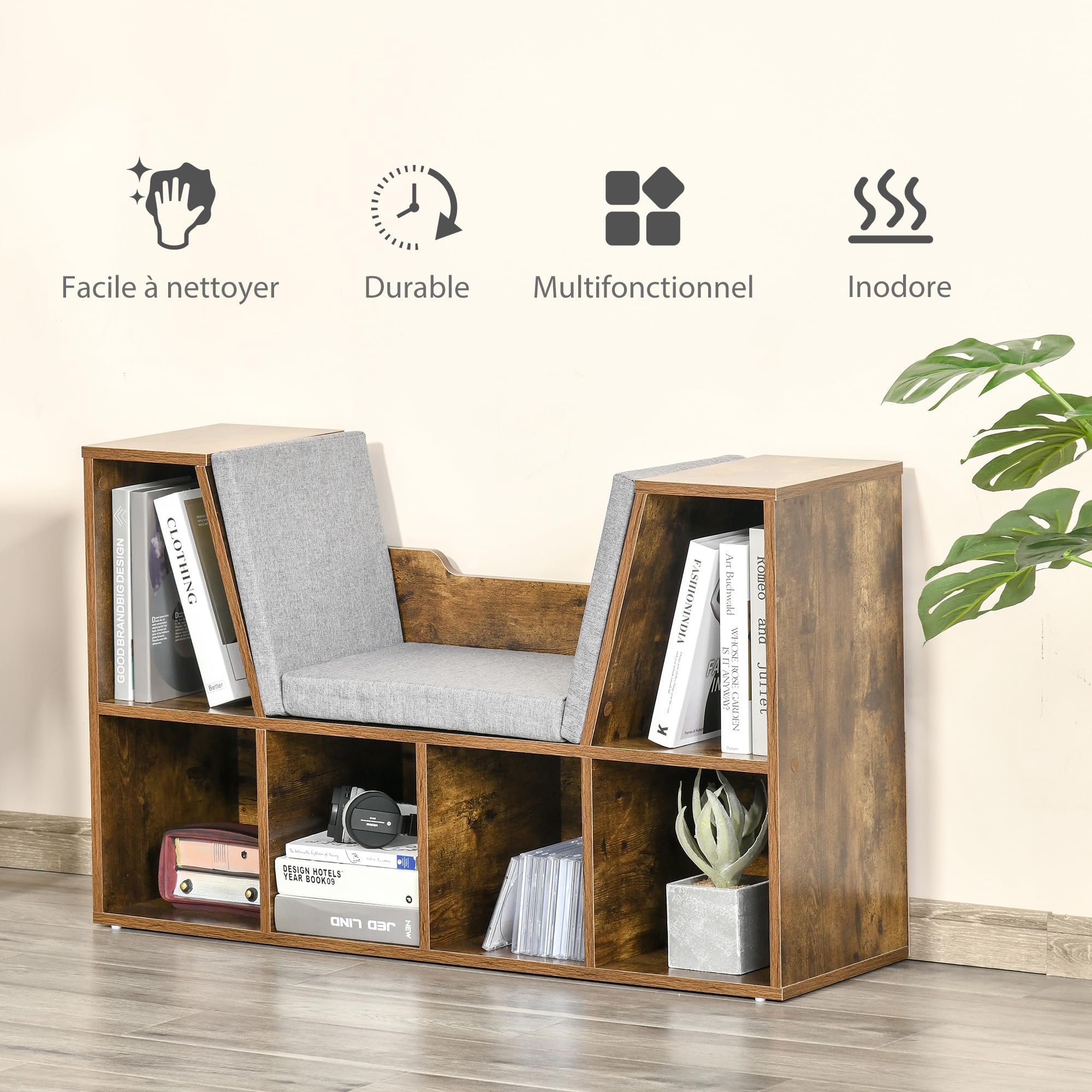 HOMCOM - Biblioteca banco 2 en 1 cojines de asiento (102 x 30 x 61 cm), color marrón | Estantería Cube, 6 Compartimentos Abiertos, 2 Niveles, Mueble de Almacenamiento, Salón, Dormitorio, Oficina