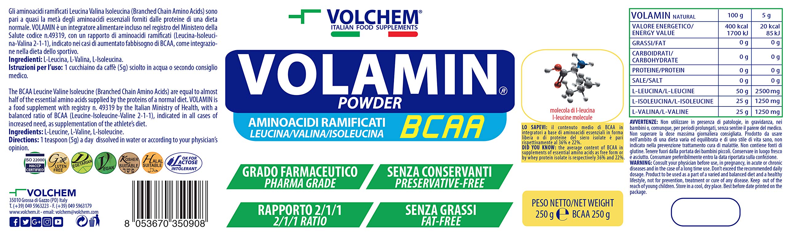 Volchem Volamin Aminoacidi Ramificati BCAA, Integratore Alimentare (250 g, Natural)