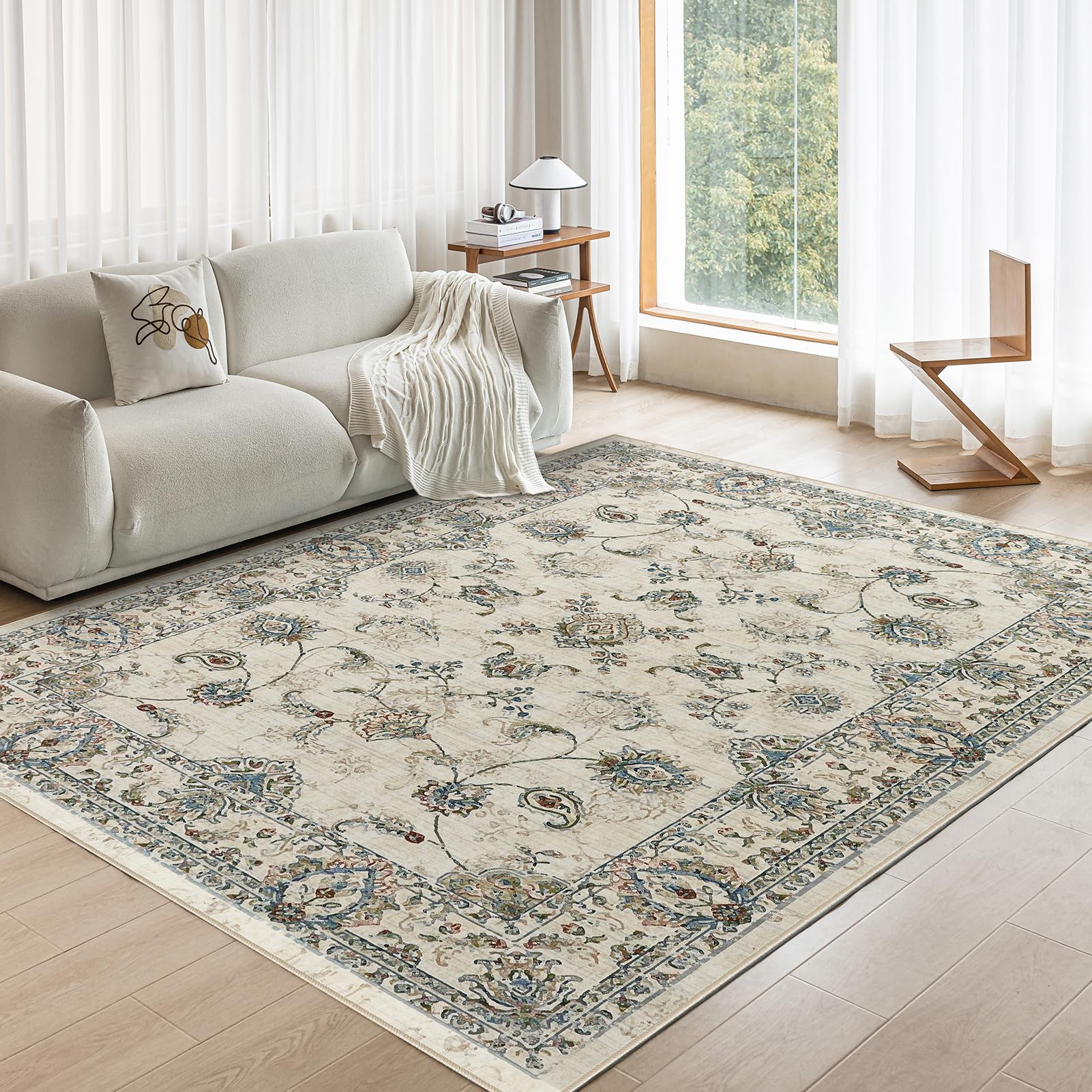 CHOSHOME Vintage Teppich Wohnzimmer 120X170CM Waschbarer Kurzflor Boho Weiche Teppich Mit Orient Design für Esszimmer Carpet for Schlafzimmer Esszimmer Küche Beige Grün