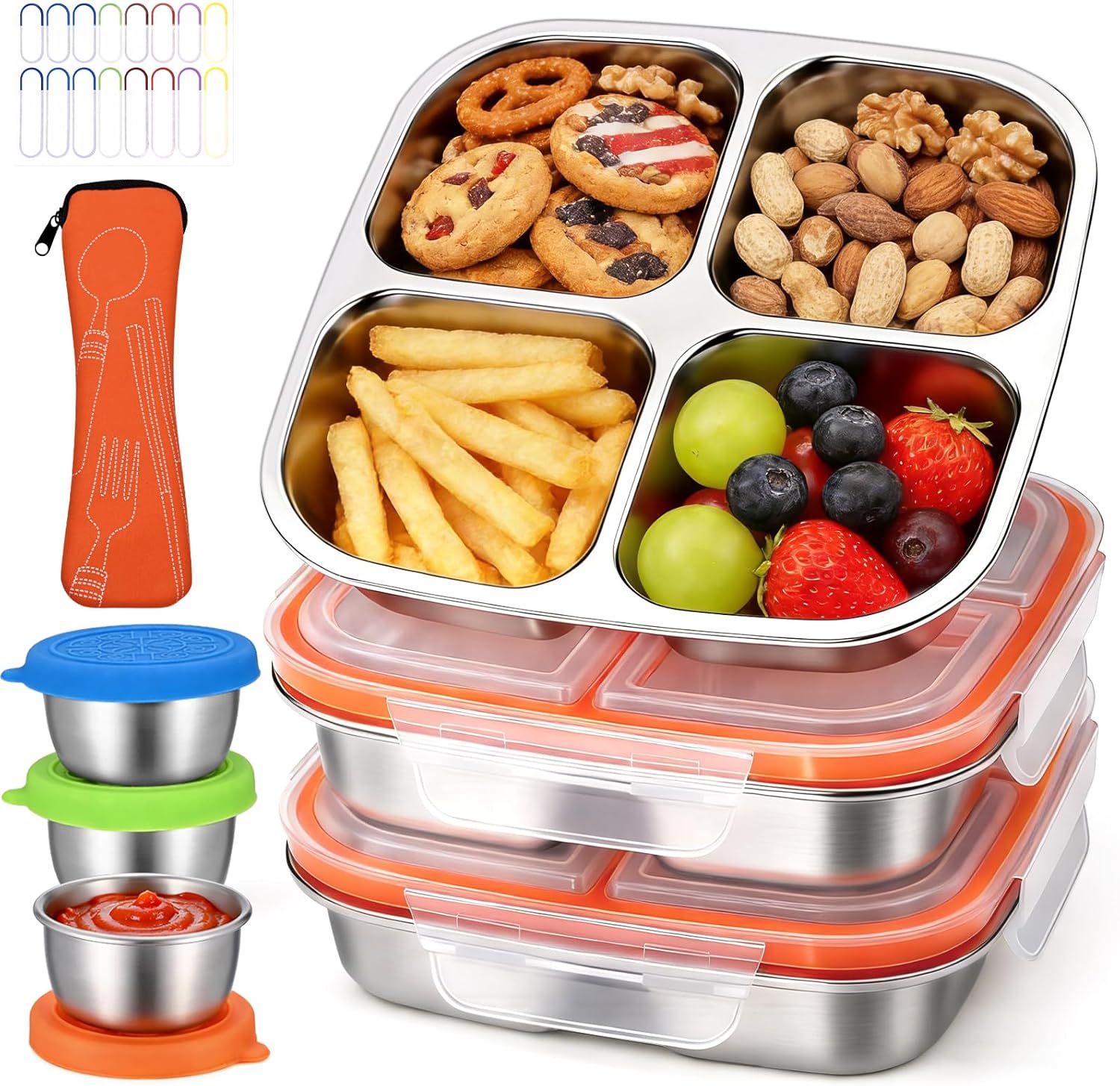 Qtencas 3 Pack Stainless Steel Snack Containers for Kids with Sauce Cups, Utensil Bag, and Label Stickers, 4 Compartment Snack Containers, Lunch Box for Kids, Metal Bento Box for School Office Picnic